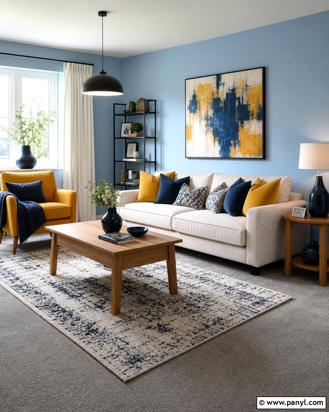 Light Blue Room With Mustard Accents - 20 Light Blue Walls Grey Carpet Ideas