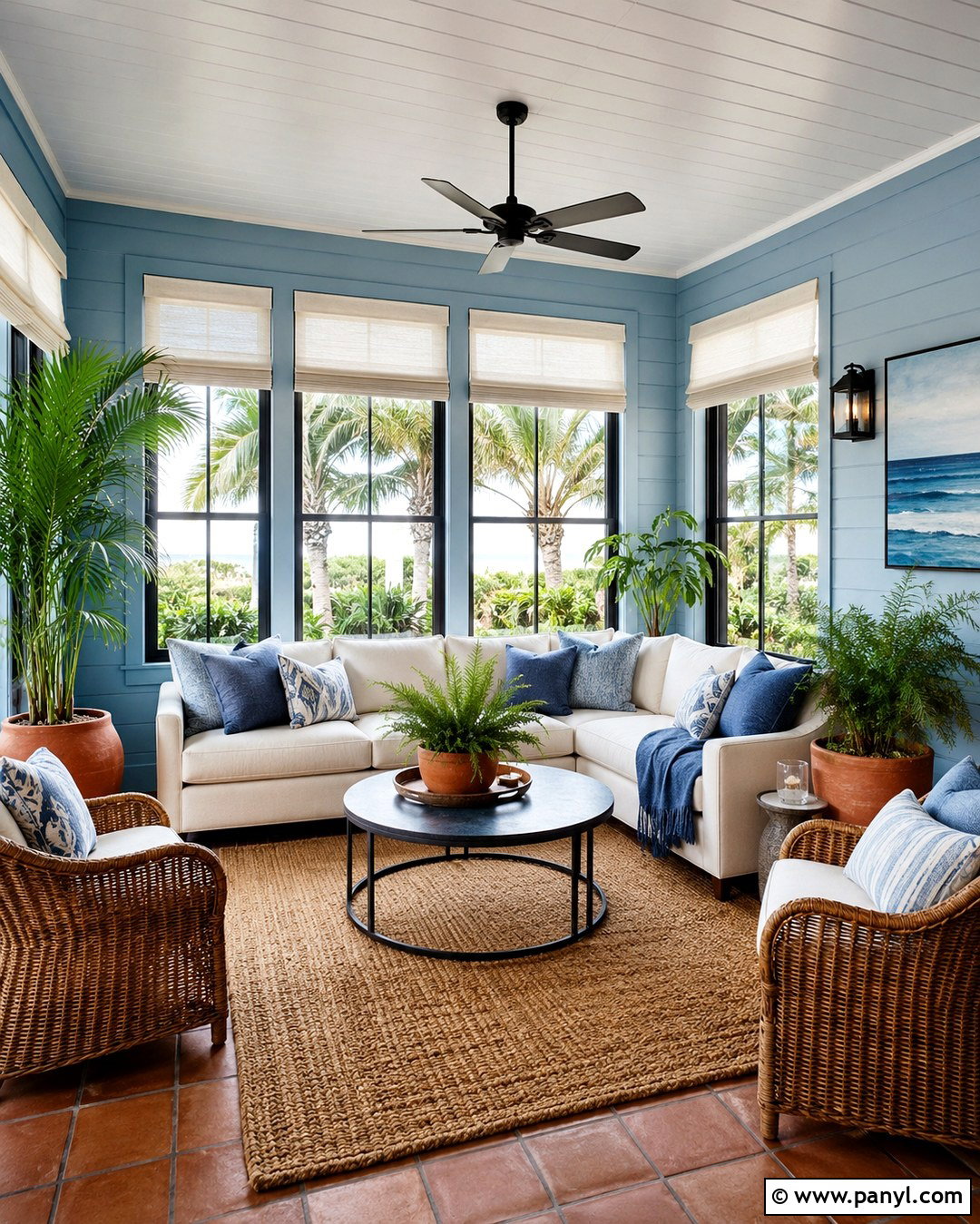 Light Blue Sunroom With Black Window Frames - 20 Light Blue Walls With Black Trim Ideas