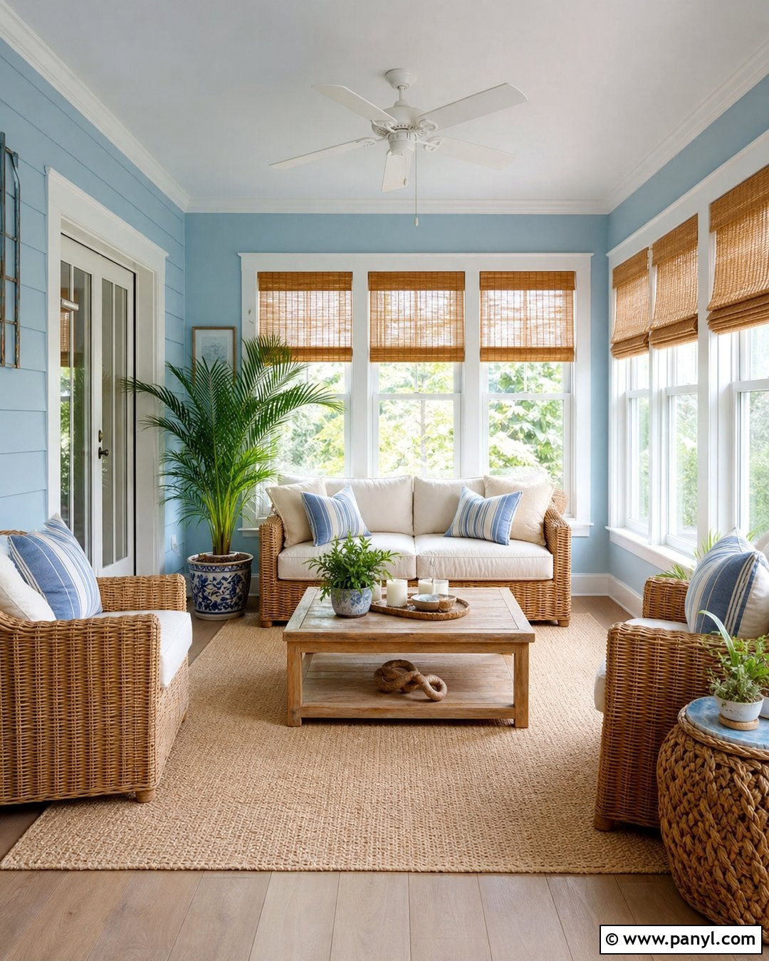 Light Blue Sunroom With Rattan Furniture - 35 Light Blue Wall Color Ideas