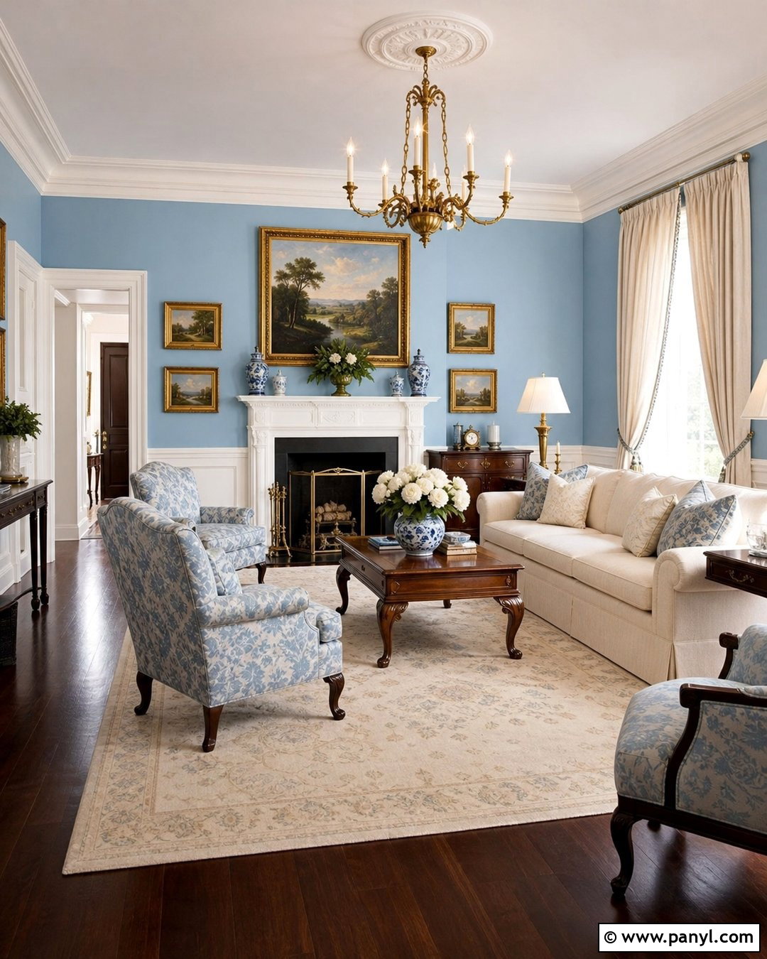 Light Blue Traditional Sitting Room With Dark Floors - 20 Light Blue Walls With Dark Floors