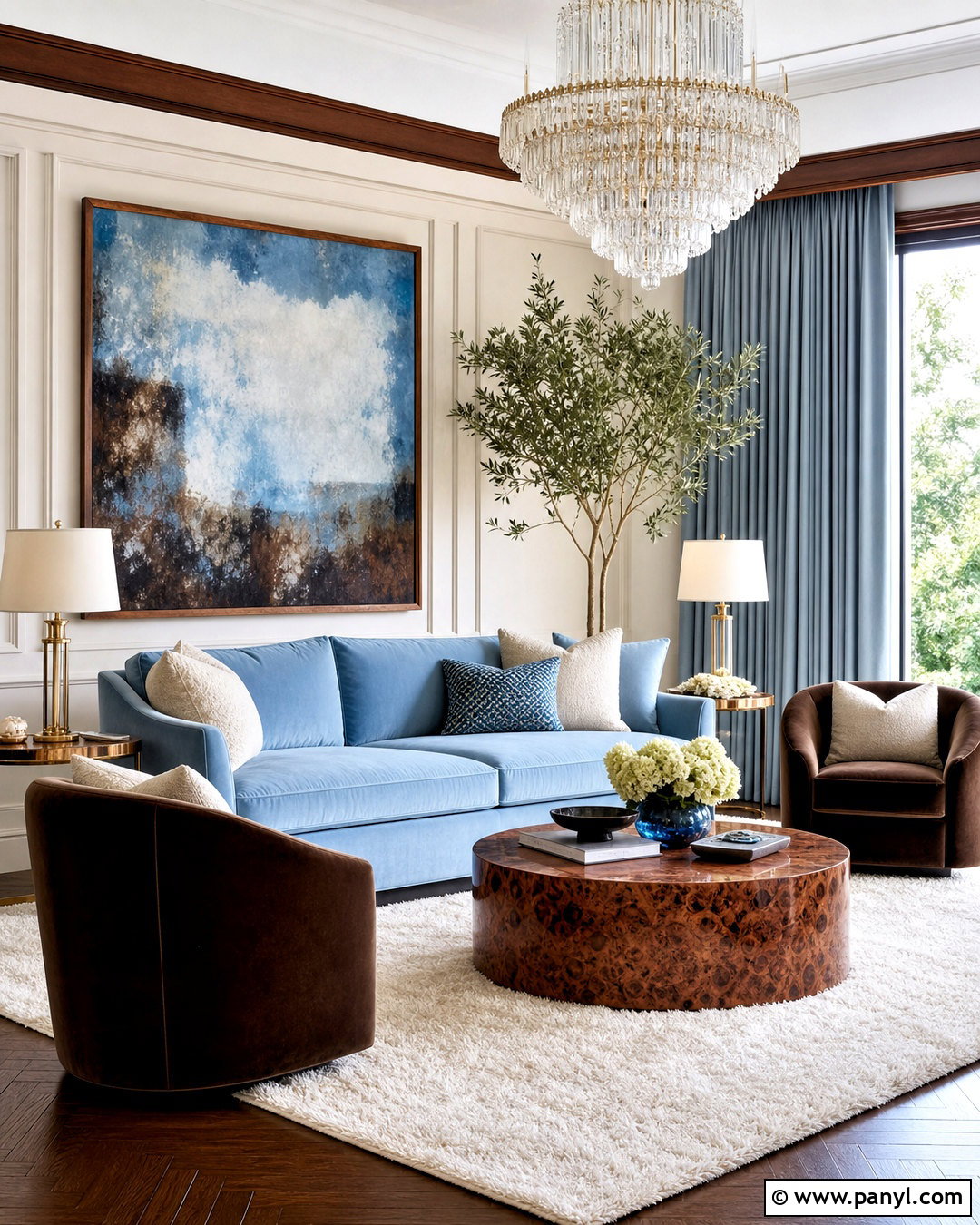 Light Blue Velvet And Burl Wood Living Room - 20 light blue and brown living room ideas
