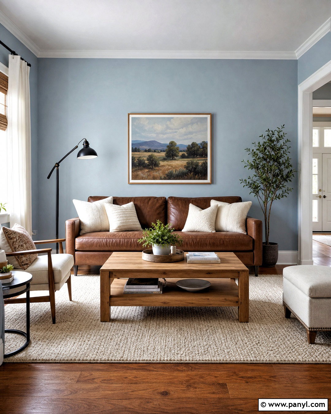Light Blue Walls With A Brown Leather Sofa - 20 light blue and brown living room ideas