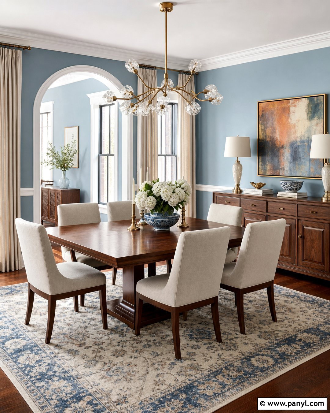 Light Blue Walls With Brass Lighting - 20 Light Blue Wall Dining Area Ideas