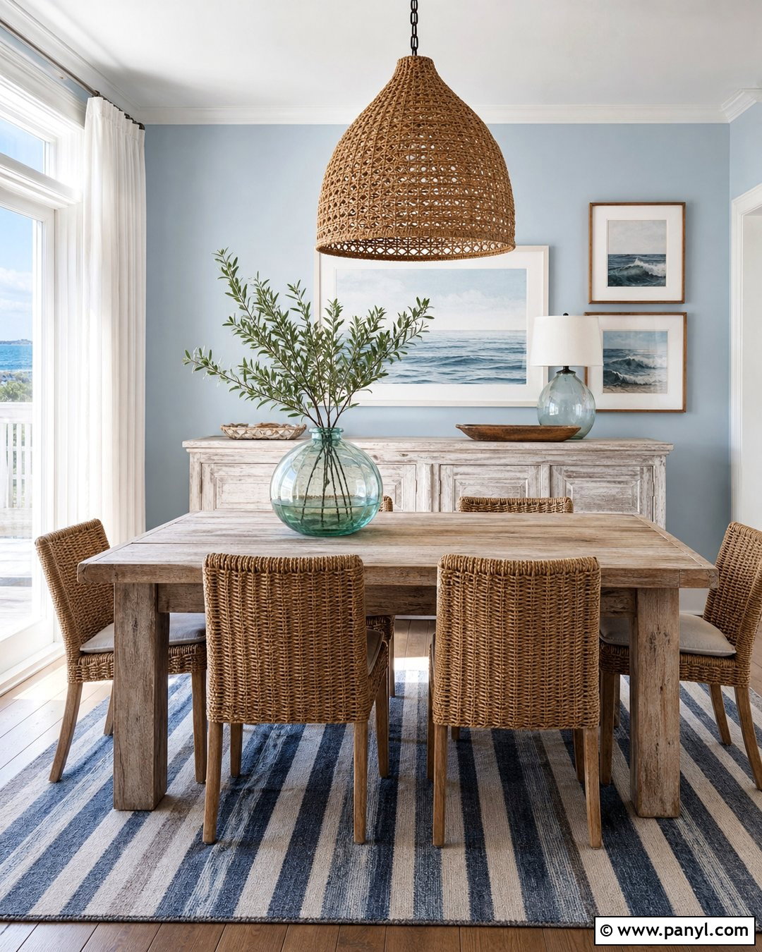 Light Blue Walls With Coastal Decor - 20 Light Blue Wall Dining Area Ideas