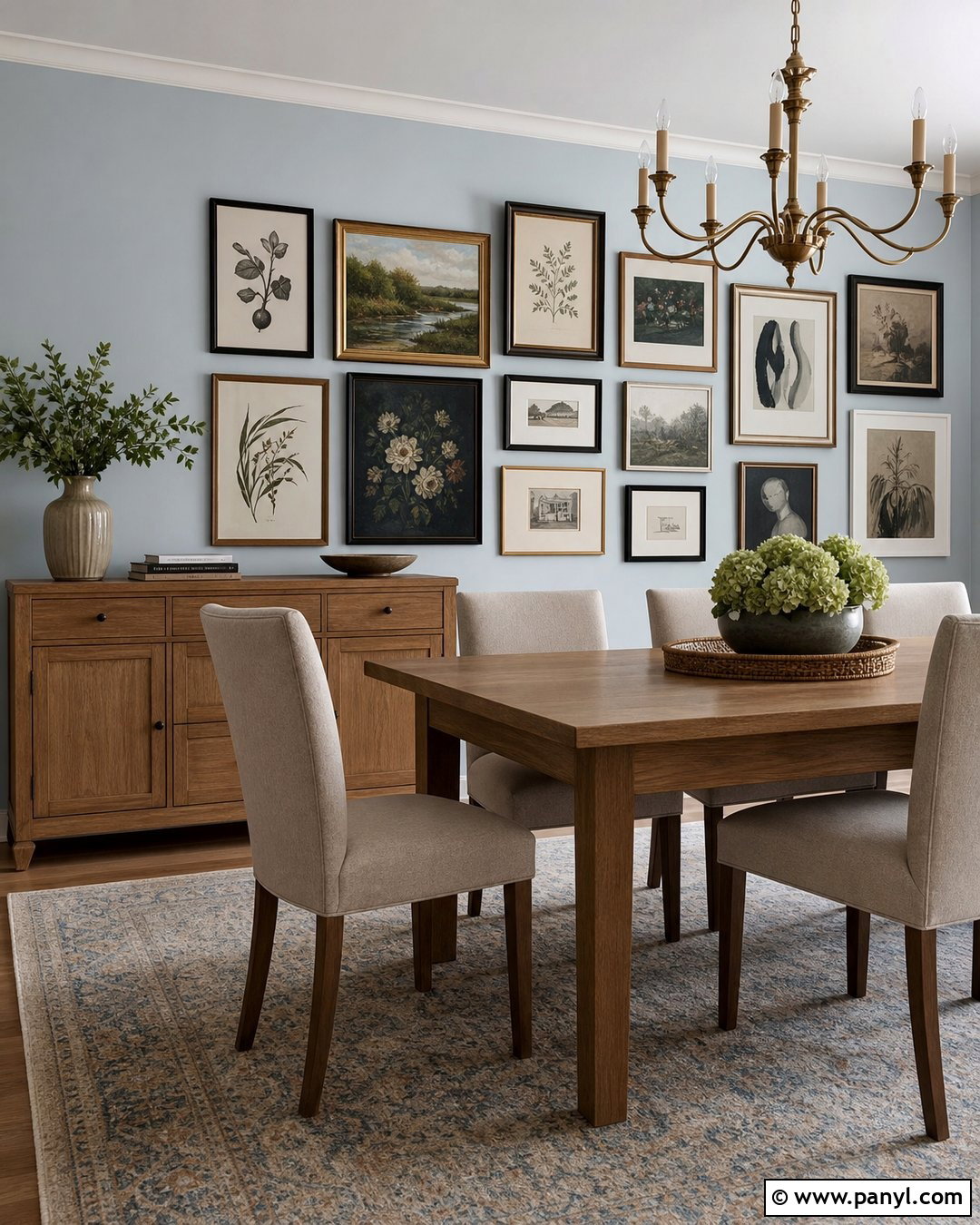 Light Blue Walls With Gallery Wall - 20 Light Blue Wall Dining Area Ideas