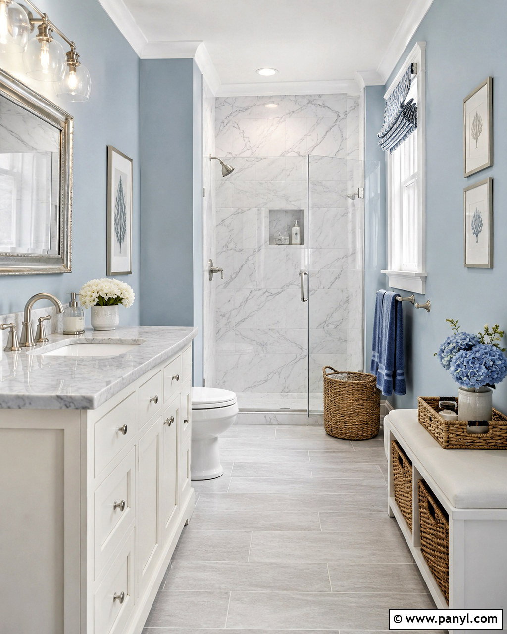 Light Blue Walls With Gray Marble Tile - 20 blue and grey bathroom ideas