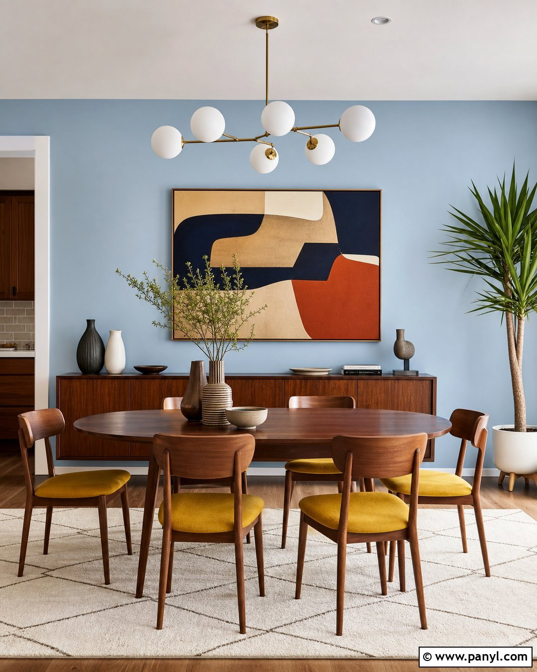 Light Blue Walls With Midcentury Dining Set - 20 Light Blue Wall Dining Area Ideas
