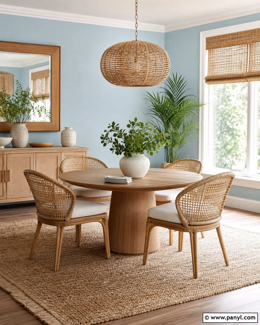 Light Blue Walls With Natural Rattan - 20 Light Blue Wall Dining Area Ideas