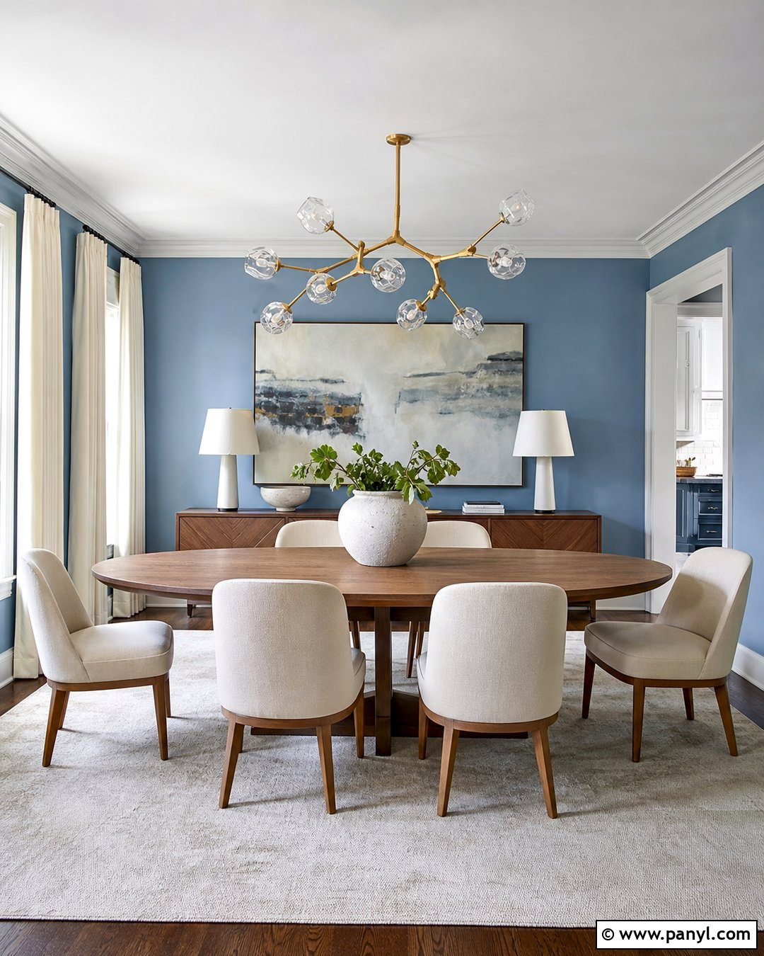 Light Blue Walls With Statement Chandelier - 20 Light Blue Wall Dining Area Ideas