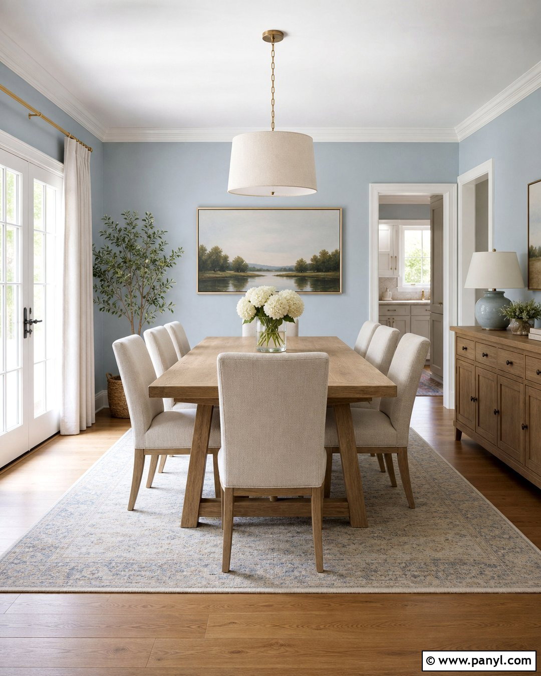 Light Blue Walls With White Oak Dining Table - 20 Light Blue Wall Dining Area Ideas