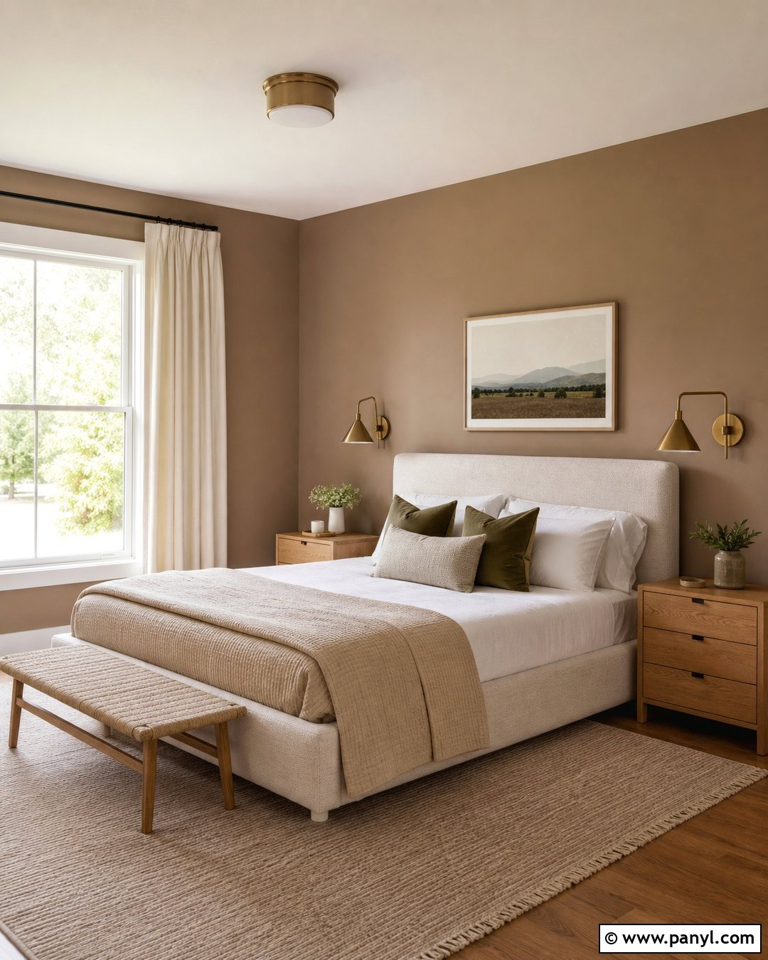 Light Brown Bedroom With White Bedding - 35 Light Brown Wall Paint Ideas