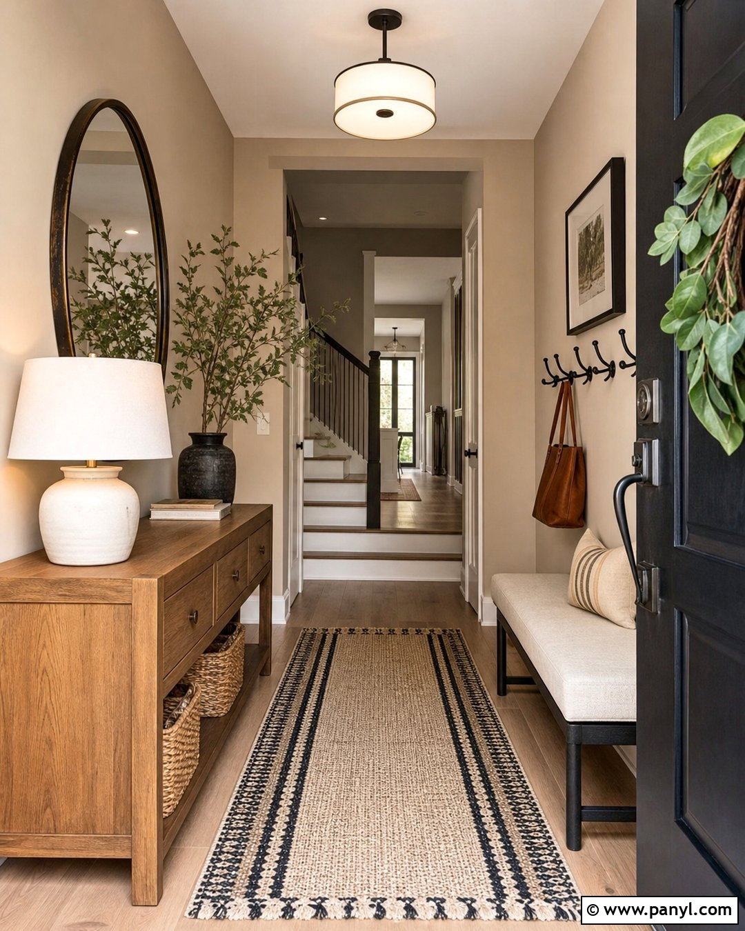 Light Brown Entryway With Wood Console - 35 Light Brown Wall Paint Ideas
