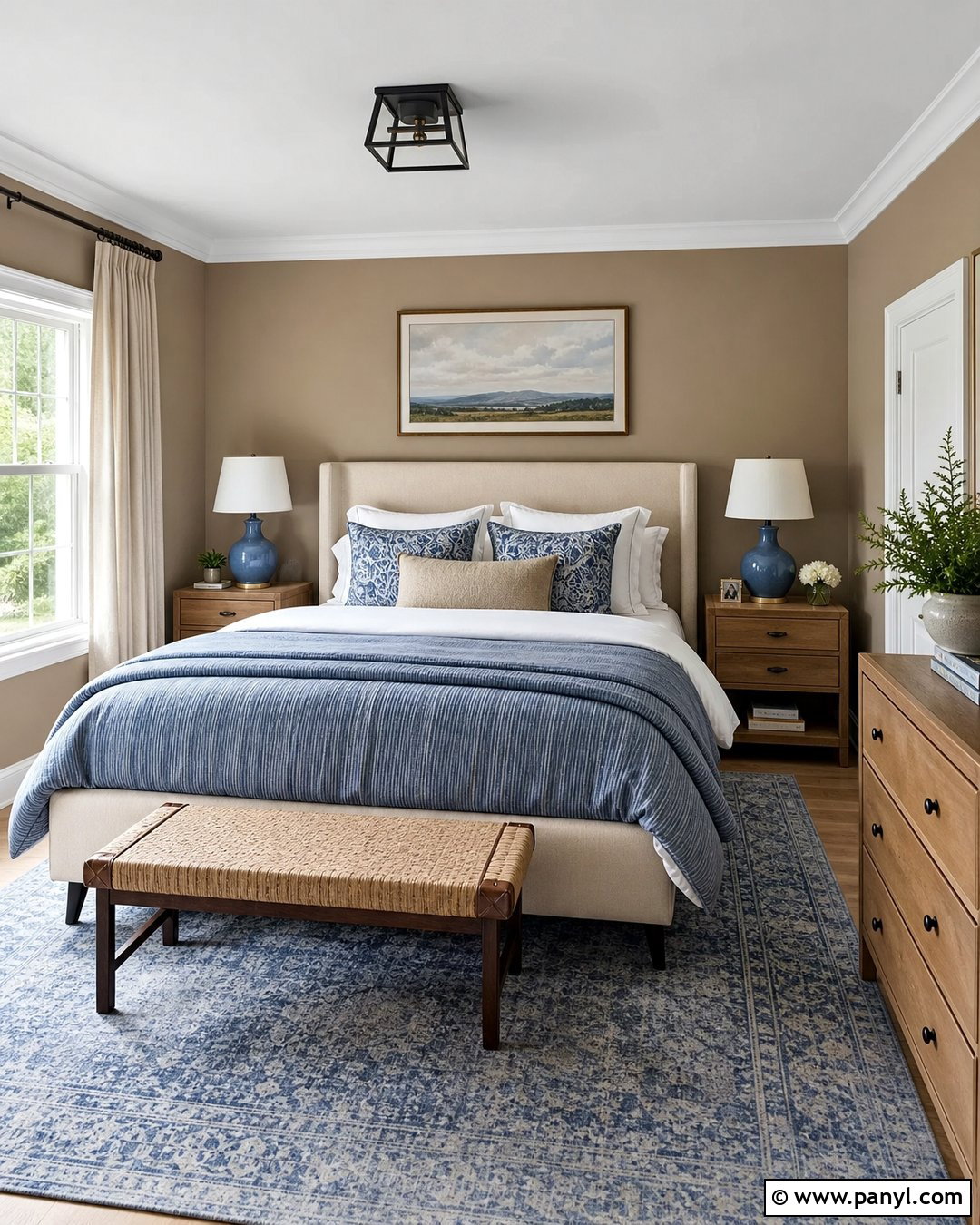 Light Brown Guest Room With Blue Accents - 35 Light Brown Wall Paint Ideas