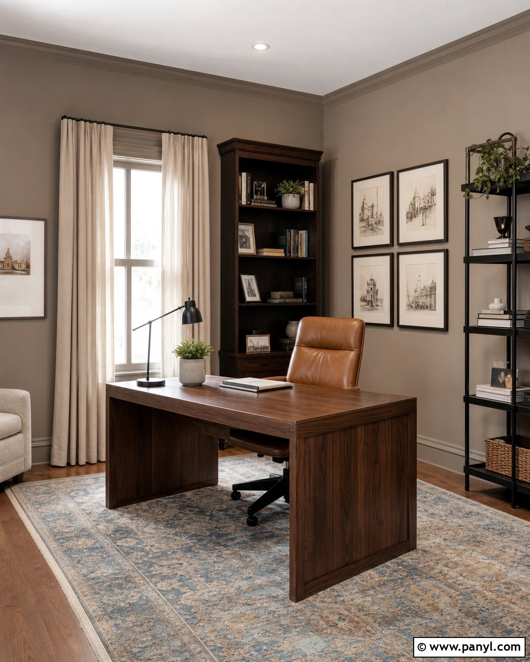 Light Brown Home Office With Dark Wood Desk - 35 Light Brown Wall Paint Ideas