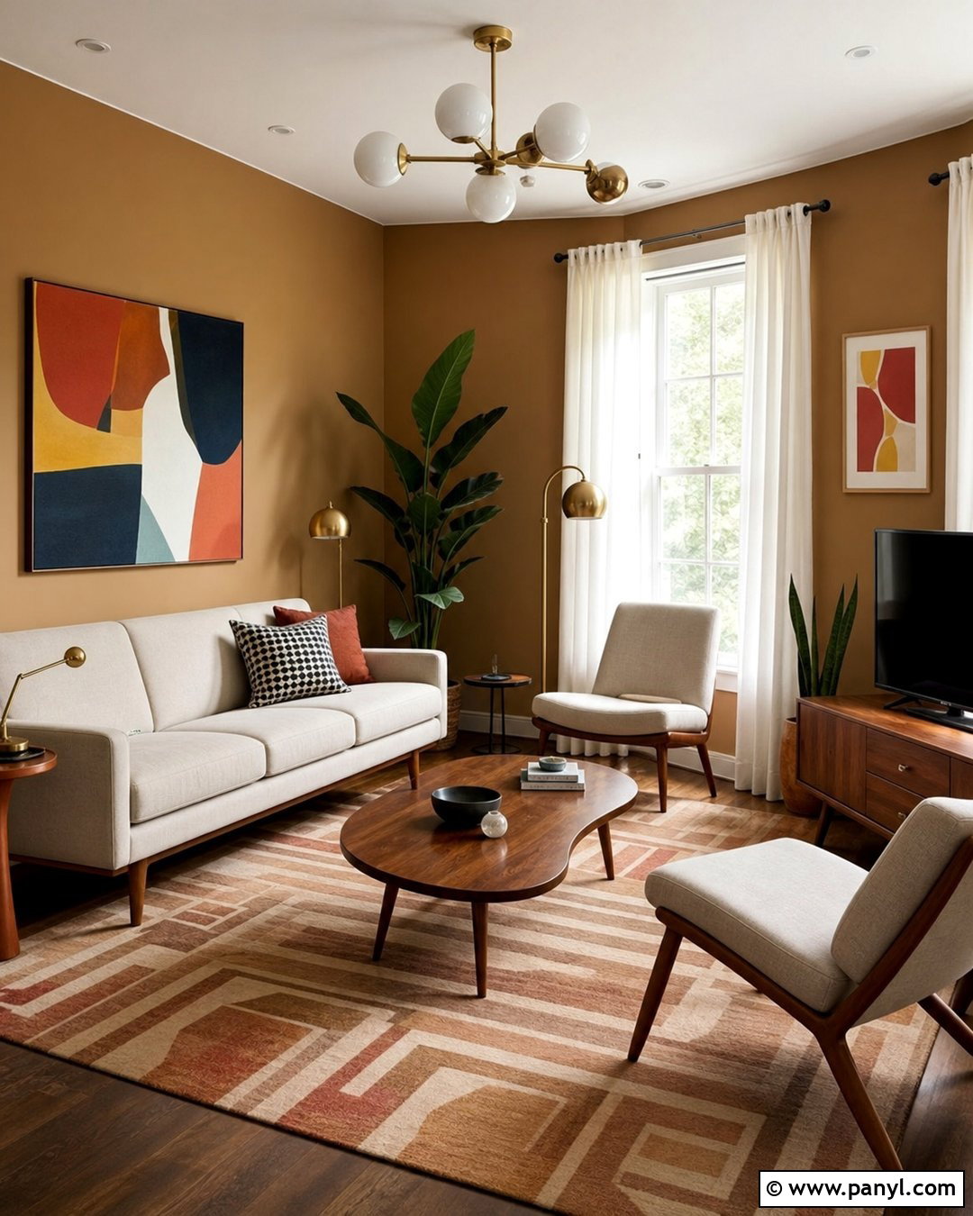 Light Brown Midcentury Living Room - 35 Light Brown Wall Paint Ideas