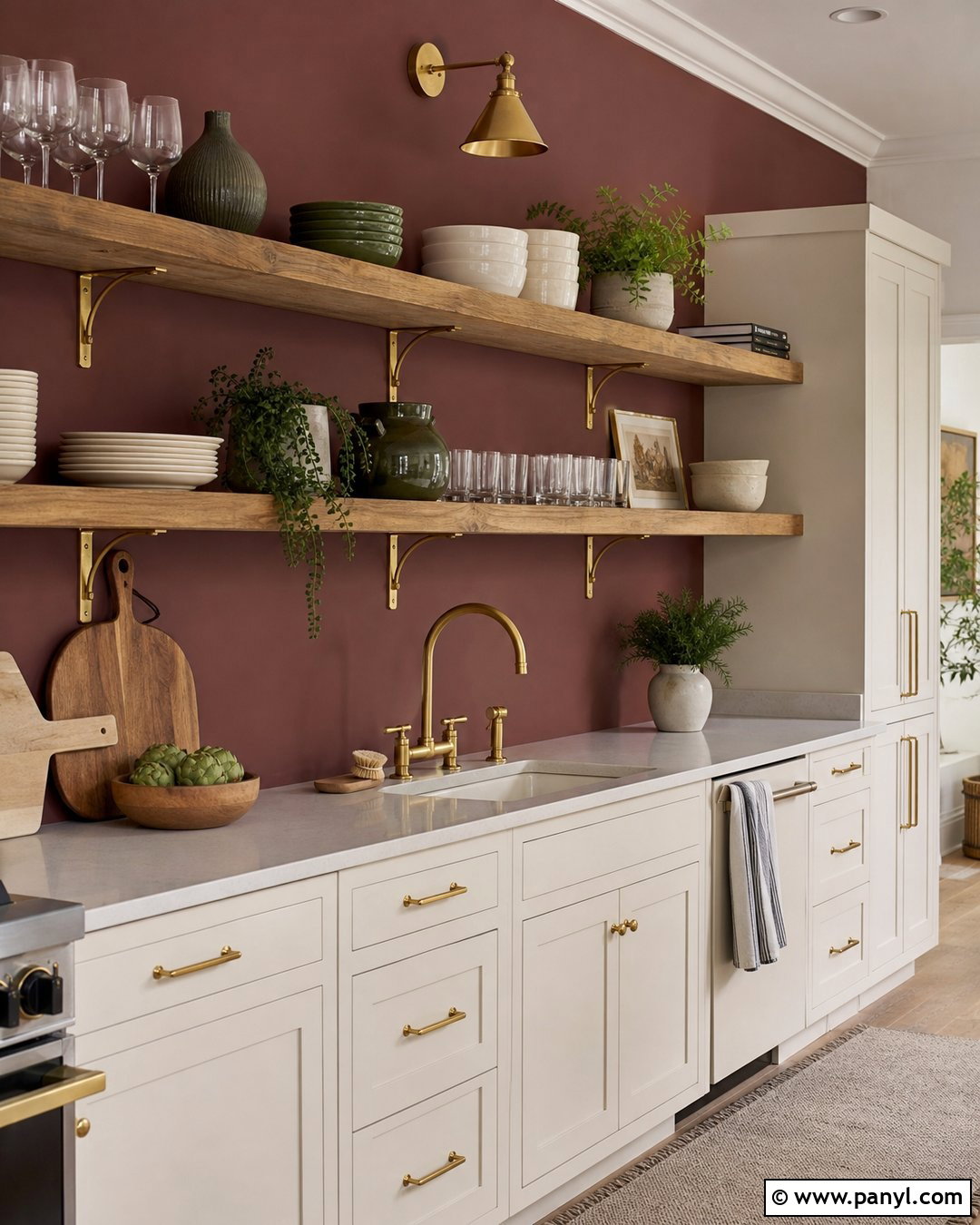 Light Burgundy Kitchen Walls With Wood Open Shelves - 20 light burgundy kitchen walls