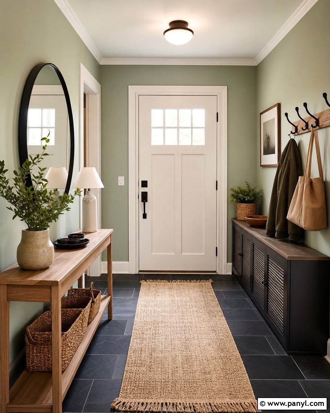 Light Eucalyptus Green Entryway With Dark Slate Floors - 20 Light Green Walls Dark Floors
