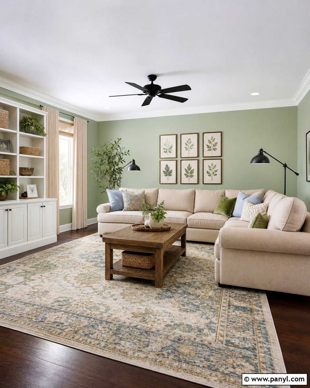 Light Fern Green Family Room With Espresso Floors - 20 Light Green Walls Dark Floors