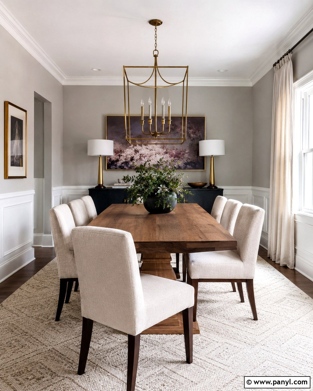 Light French Gray Dining Room With Brass Lighting - 20 Light French Gray Walls