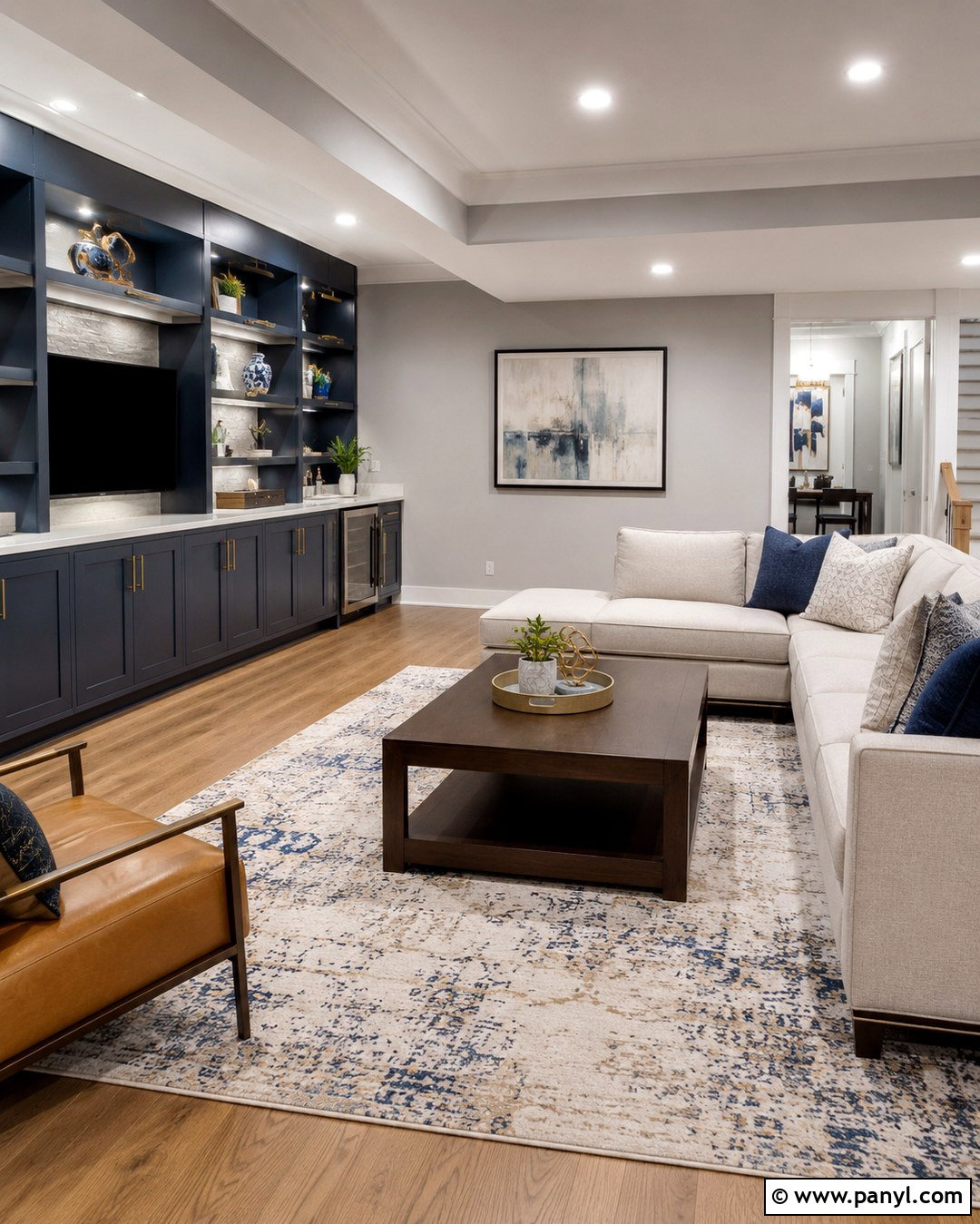 Light Gray Basement With Navy Built-Ins - 20 Light Gray Basement Walls