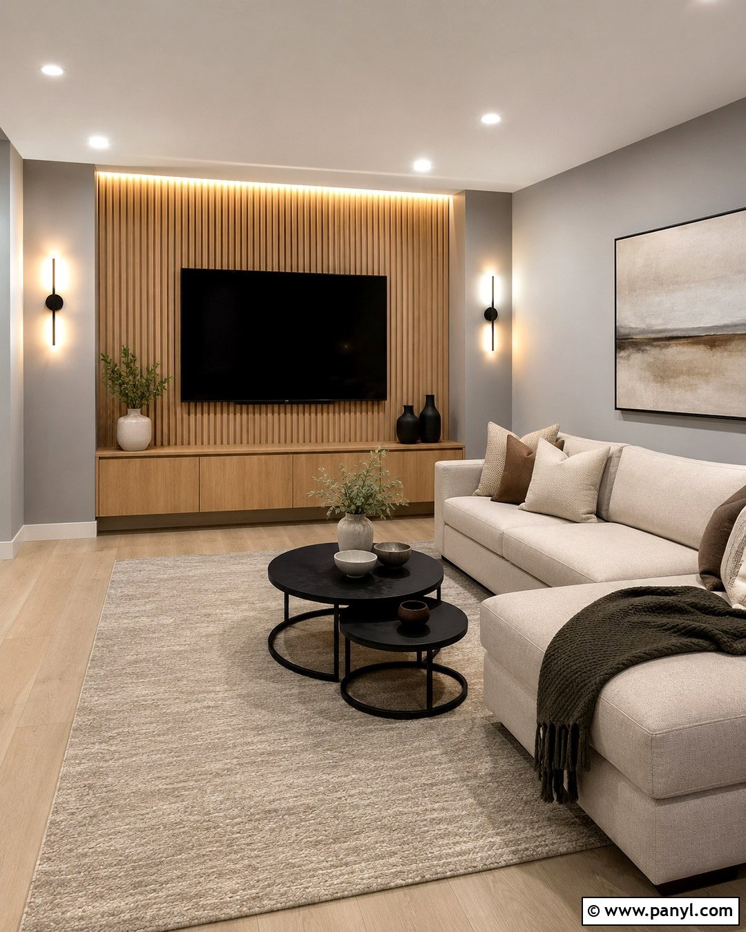 Light Gray Basement With White Oak Slat Wall - 20 Light Gray Basement Walls