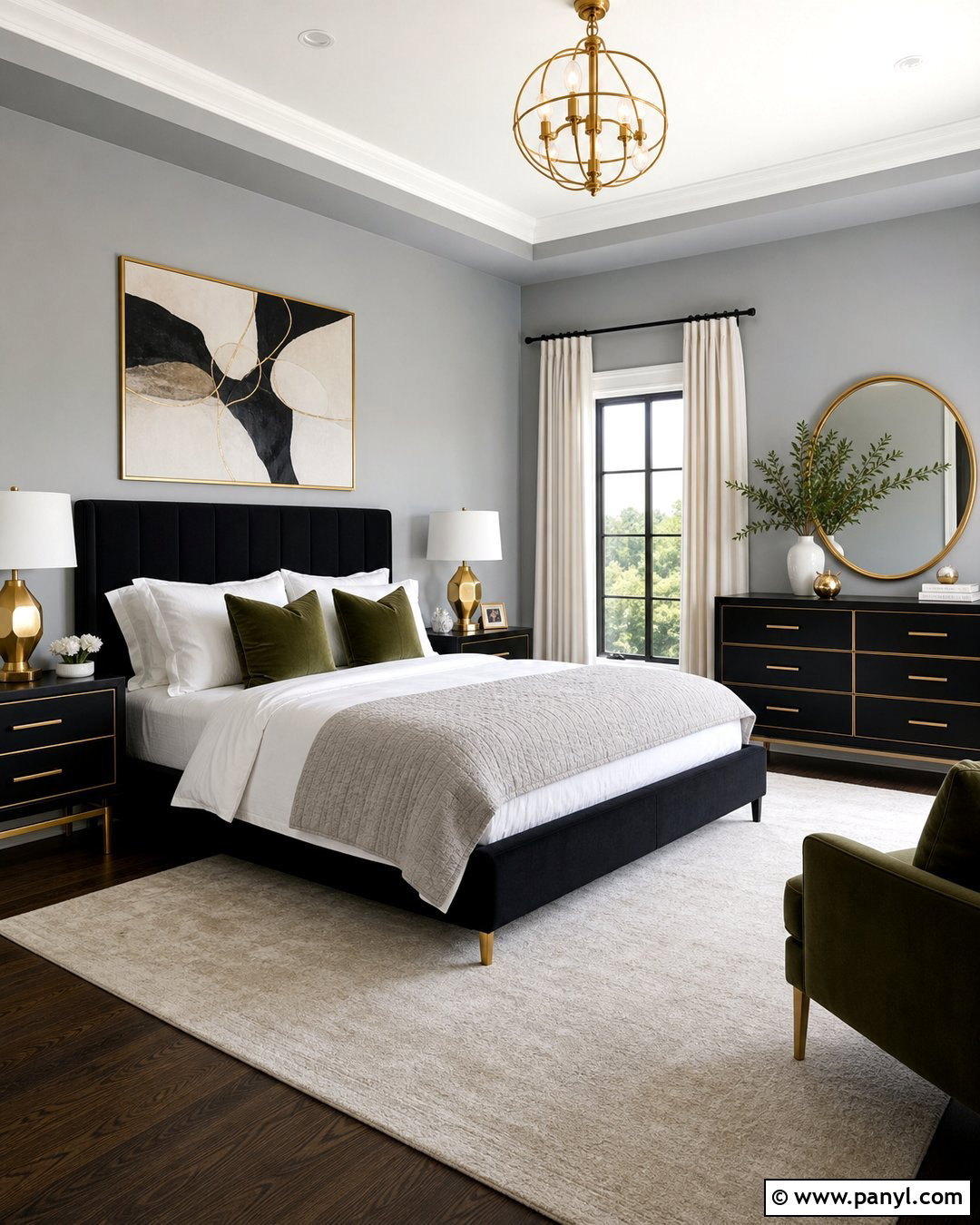 Light Gray Bedroom With Black And Gold Furniture - 20 Light Gray Walls With Black Furniture Ideas