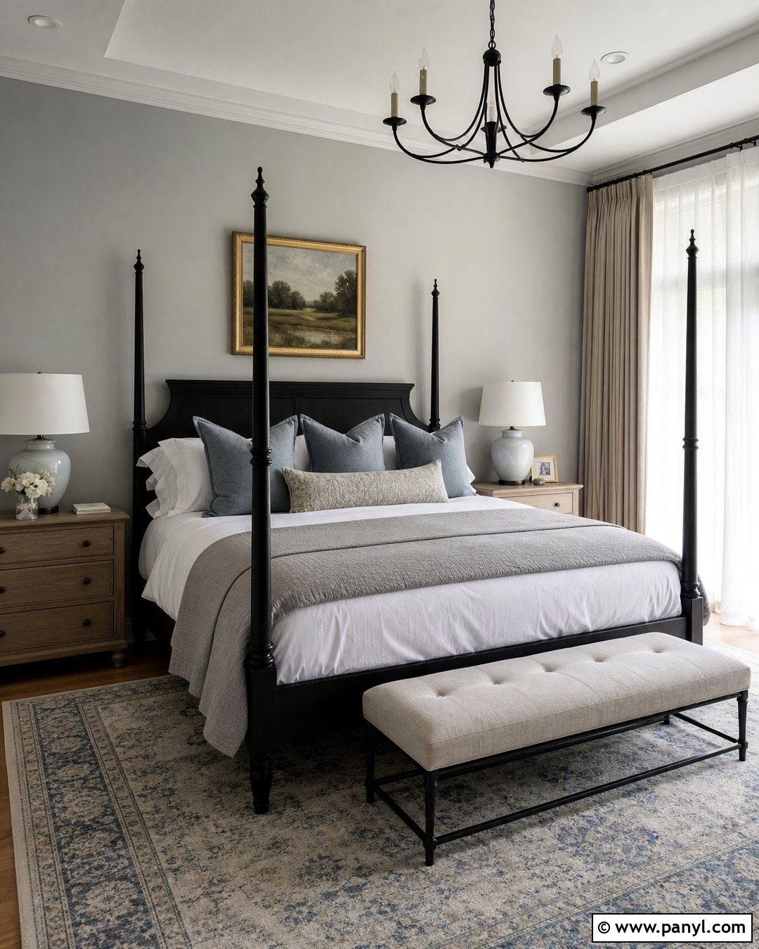 Light Gray Bedroom With Black Four Poster Bed - 20 Light Gray Walls With Black Furniture Ideas