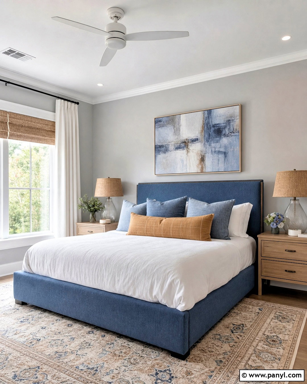 Light Gray Bedroom With Blue Upholstered Bed - 20 light gray walls bedroom ideas