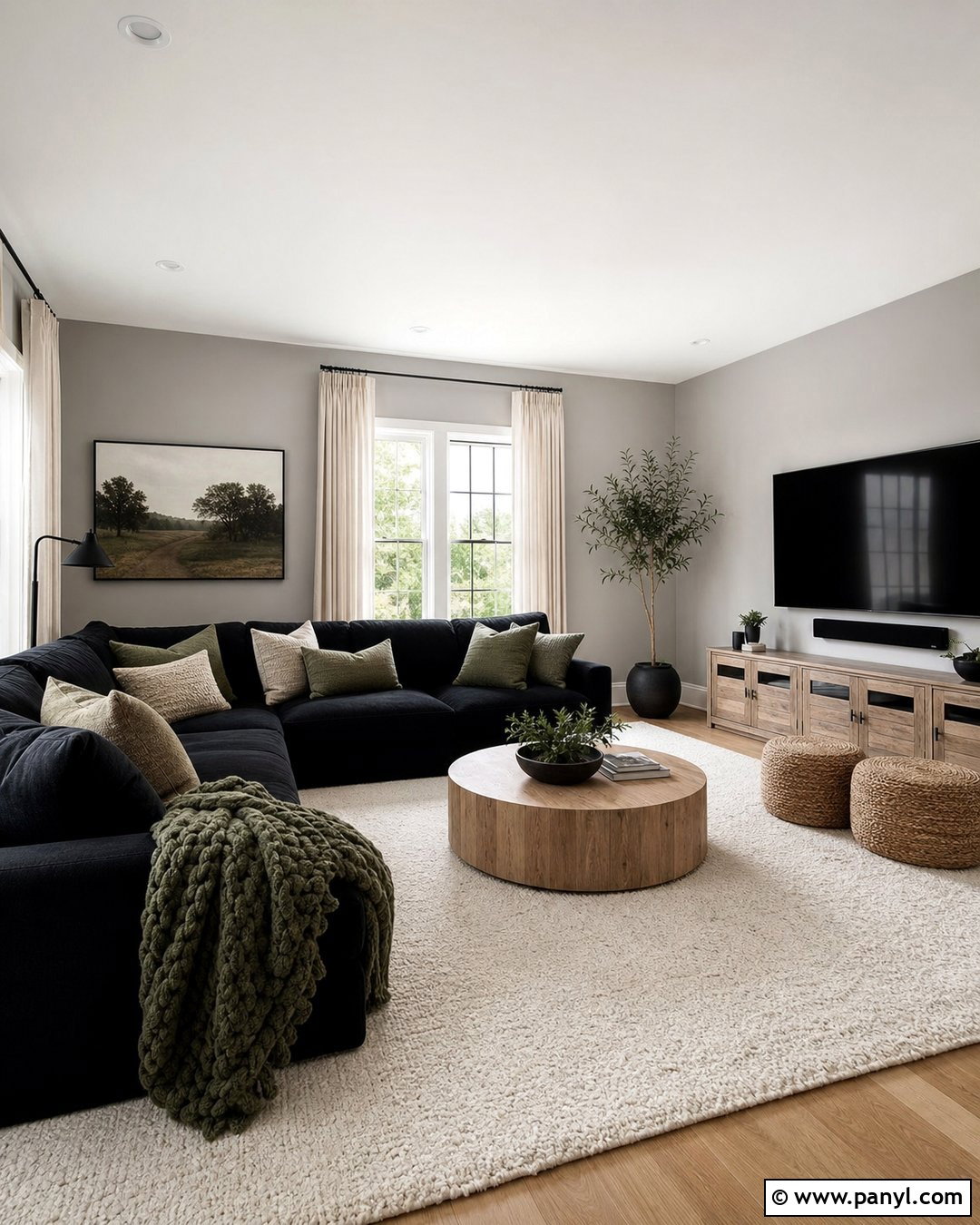 Light Gray Family Room With Black Sectional - 20 Light Gray Walls With Black Furniture Ideas