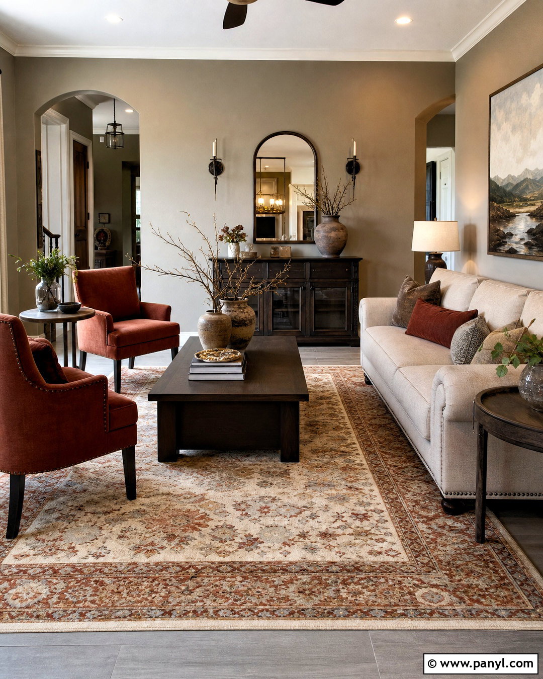 Light Gray Floor Living Room With Rust Accents - 20 light gray floors living room ideas