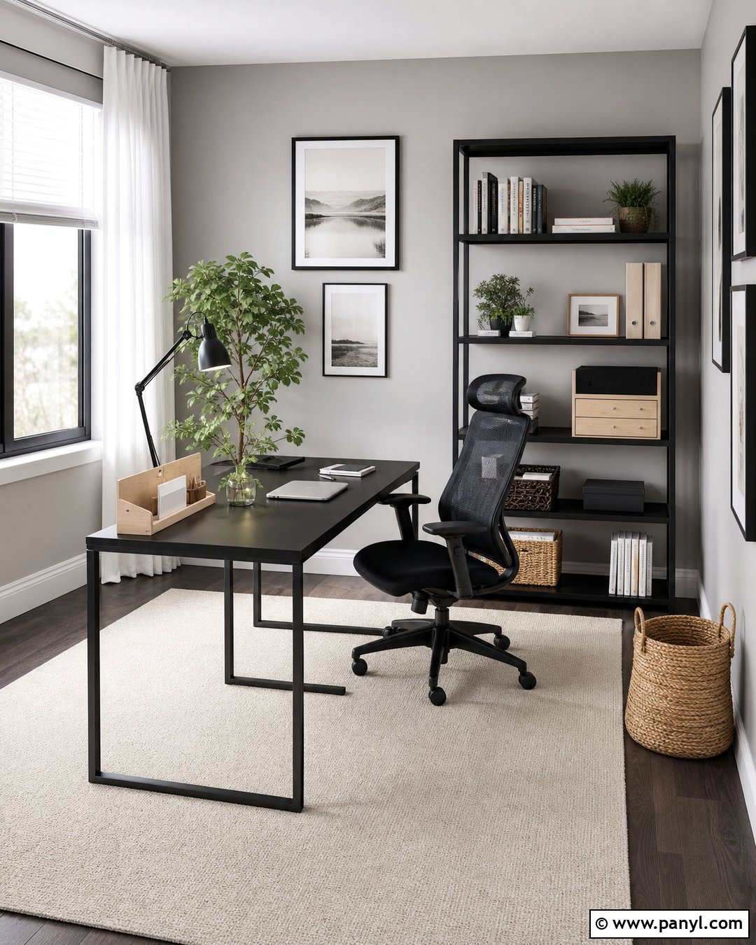 Light Gray Home Office With Black Desk - 20 Light Gray Walls With Black Furniture Ideas