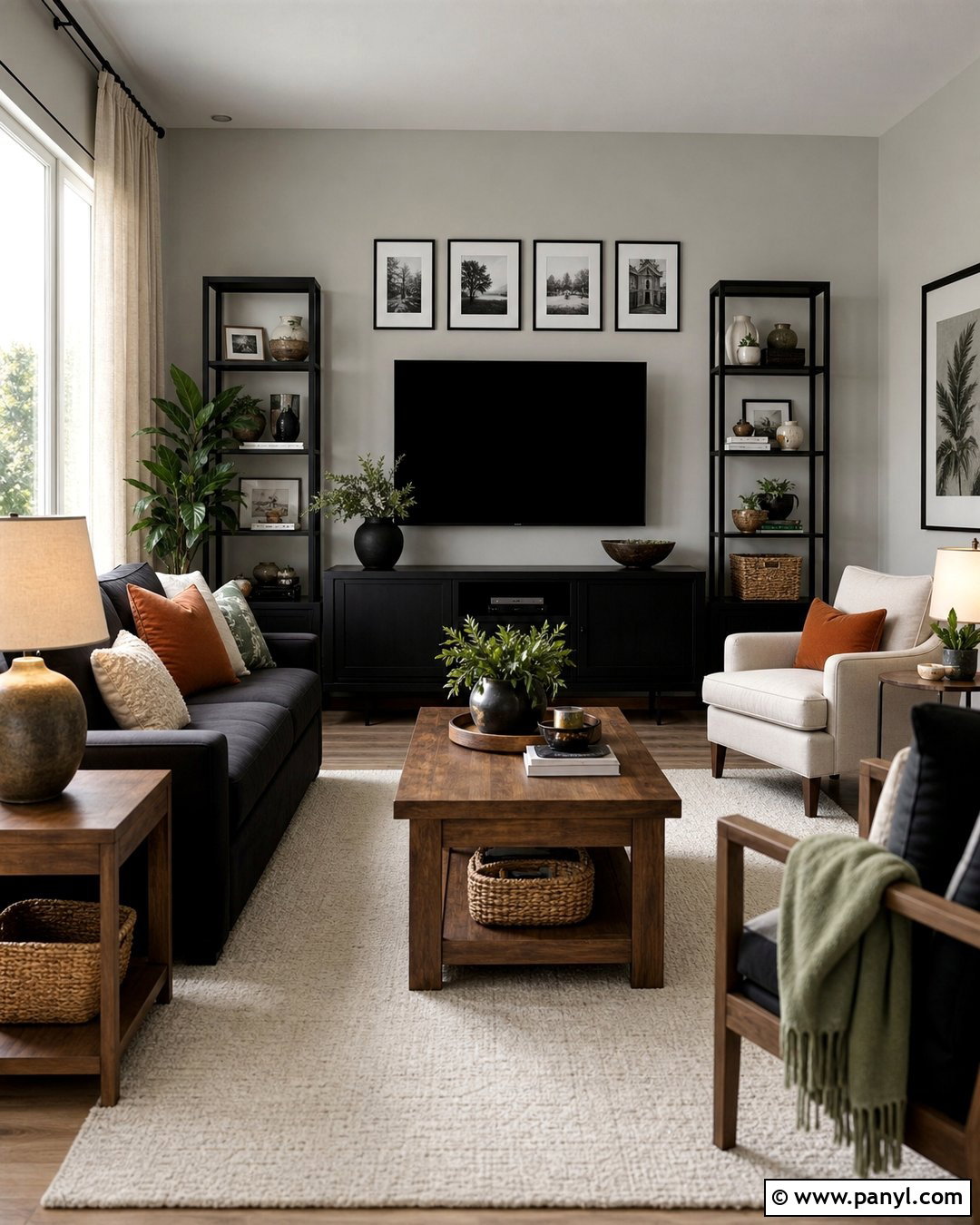 Light Gray Living Room With Black And Wood Furniture - 20 Light Gray Walls With Black Furniture Ideas