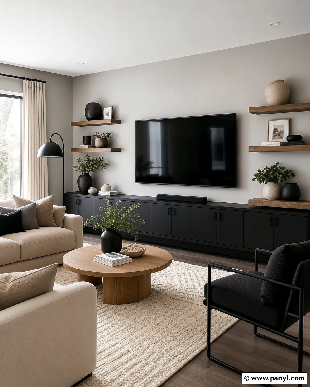 Light Gray Living Room With Black Media Console - 20 Light Gray Walls With Black Furniture Ideas