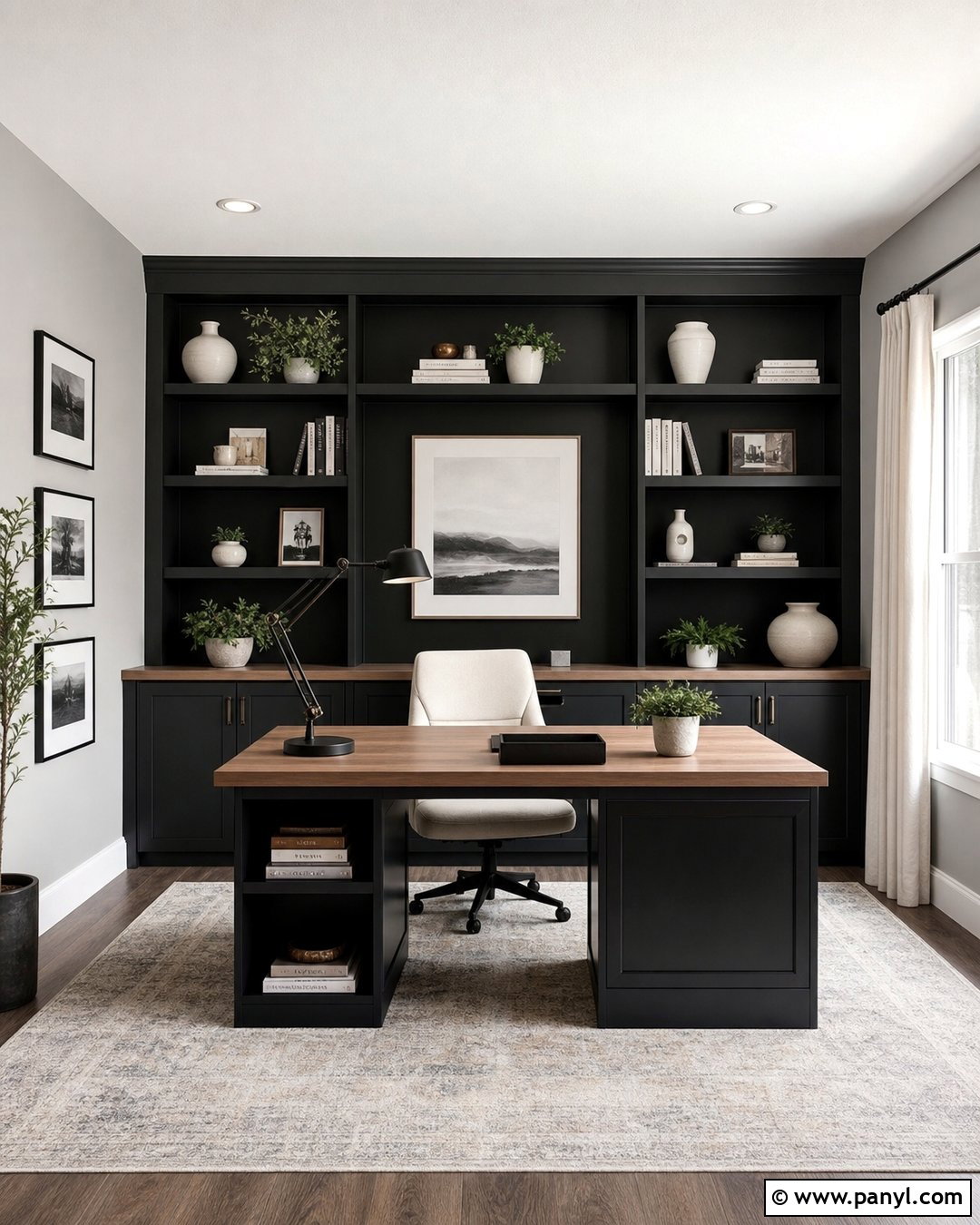Light Gray Office With Black Built Ins - 20 Light Gray Walls With Black Furniture Ideas