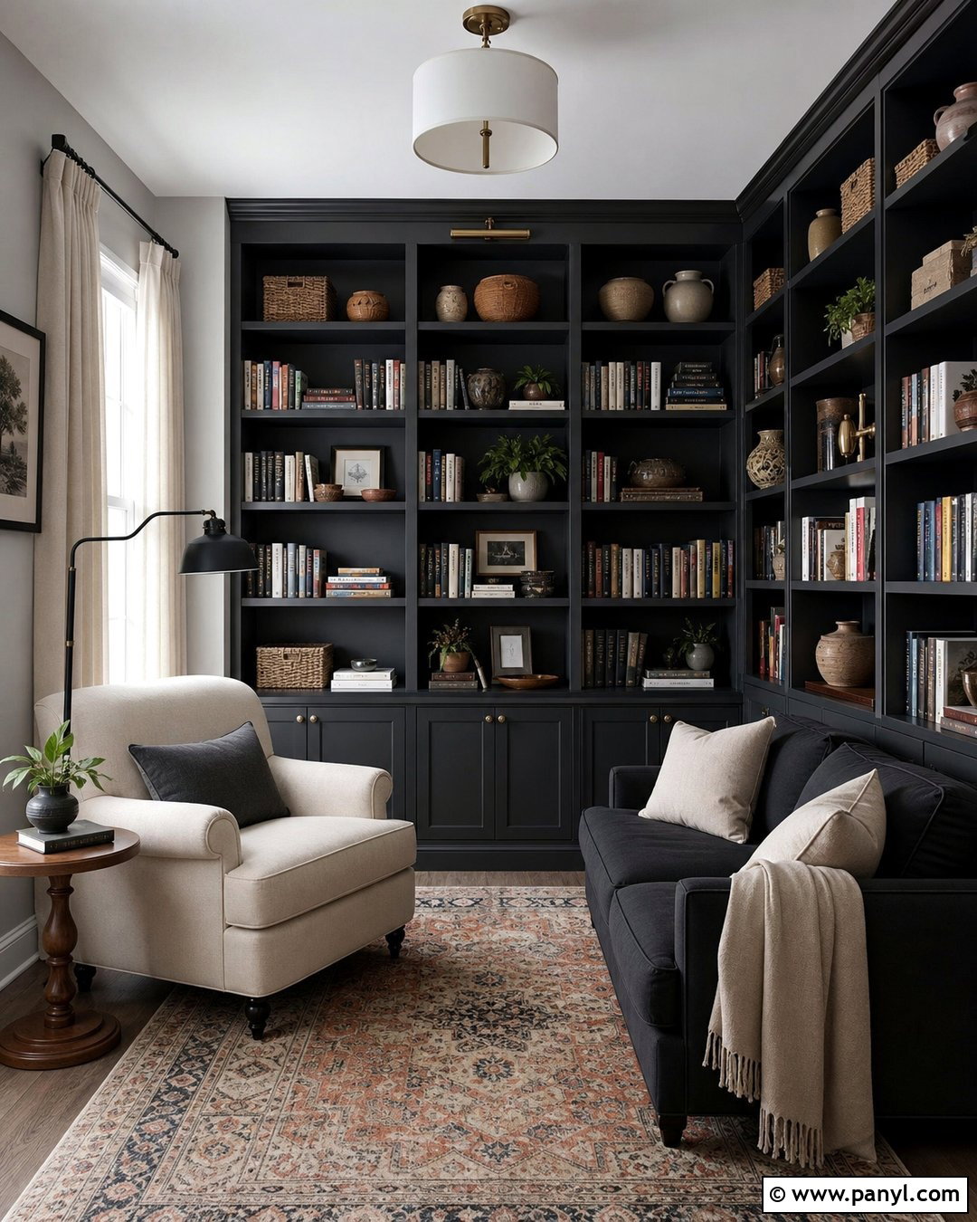 Light Gray Reading Room With Black Bookcases - 20 Light Gray Walls With Black Furniture Ideas