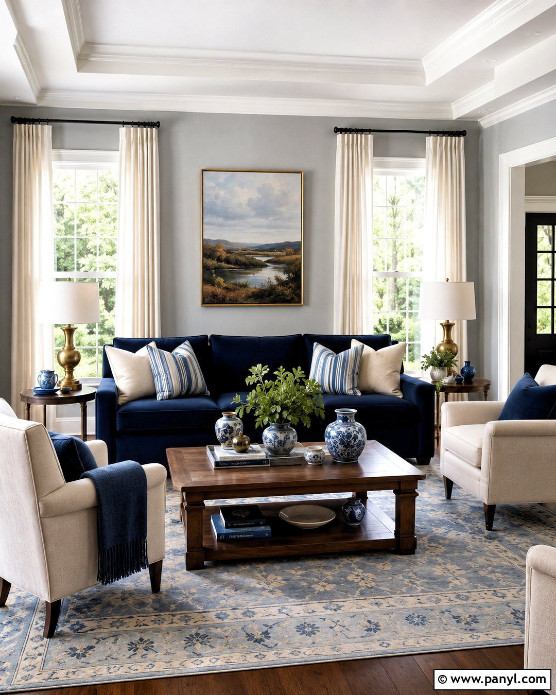 Light Gray Walls With A Navy Blue Sofa - 20 light gray walls living room ideas