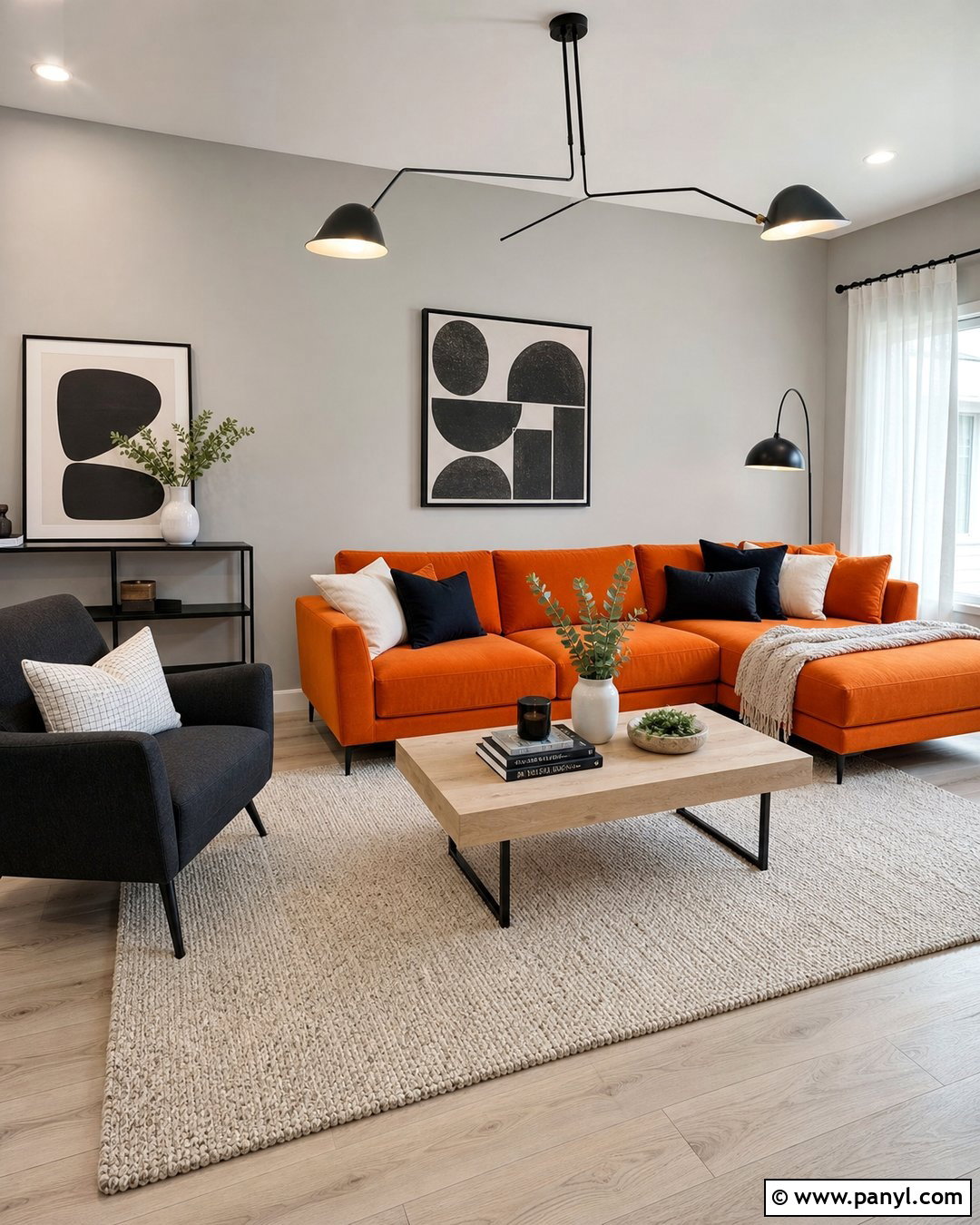 Light Gray Walls With Bright Orange Sofa - 20 Neutral Wall Color With Orange Furniture Ideas
