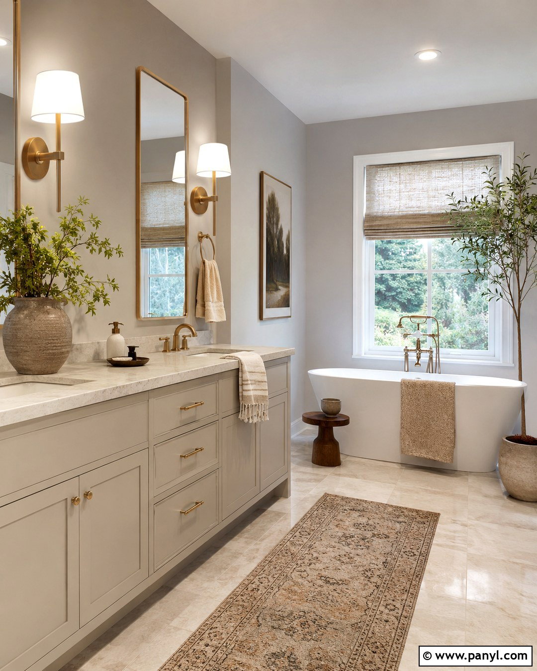 Light Gray Walls With Brushed Brass - 20 Light Gray Walls Bathroom Ideas