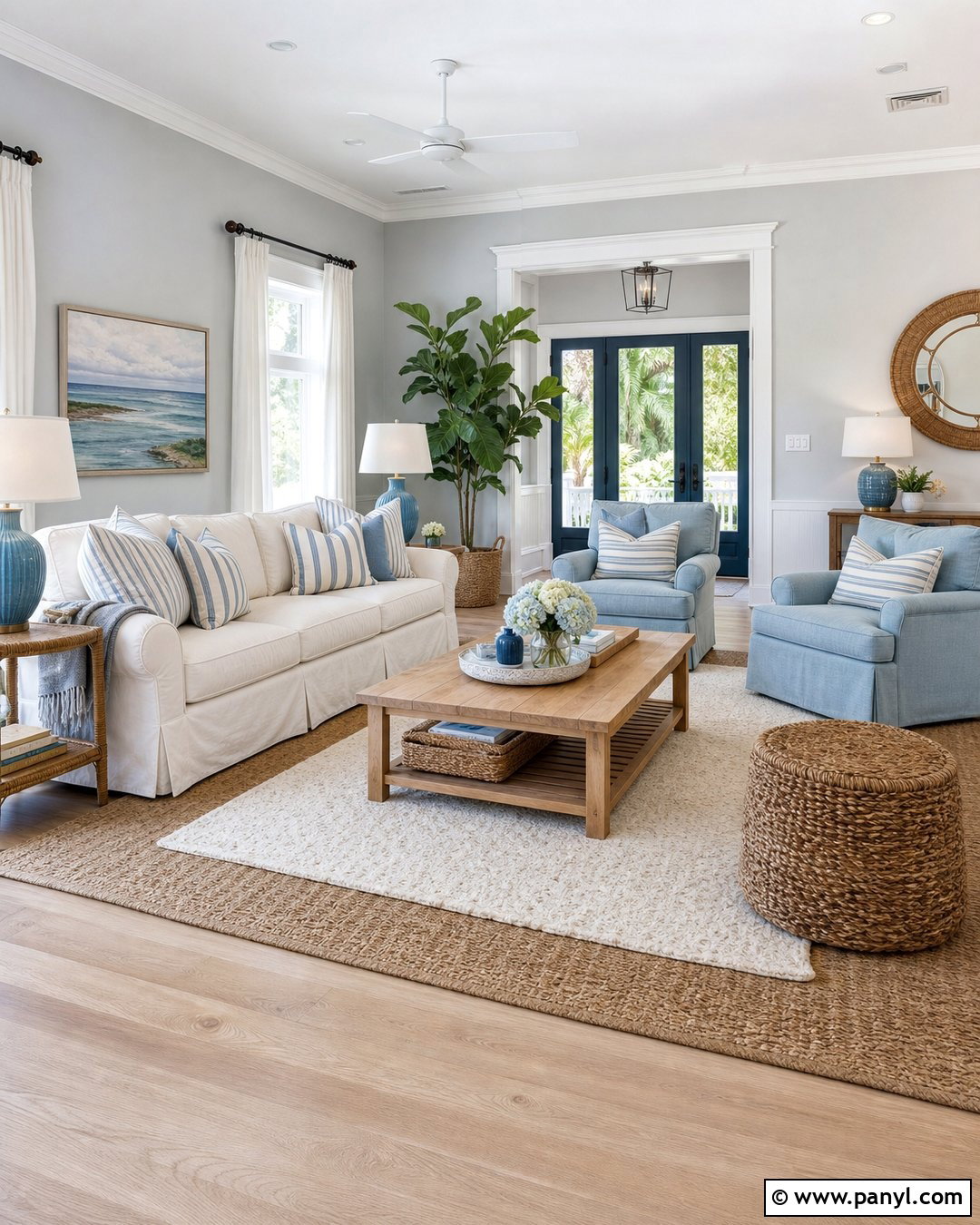 Light Gray Walls With Coastal Blue Decor - 45 Light Gray Walls