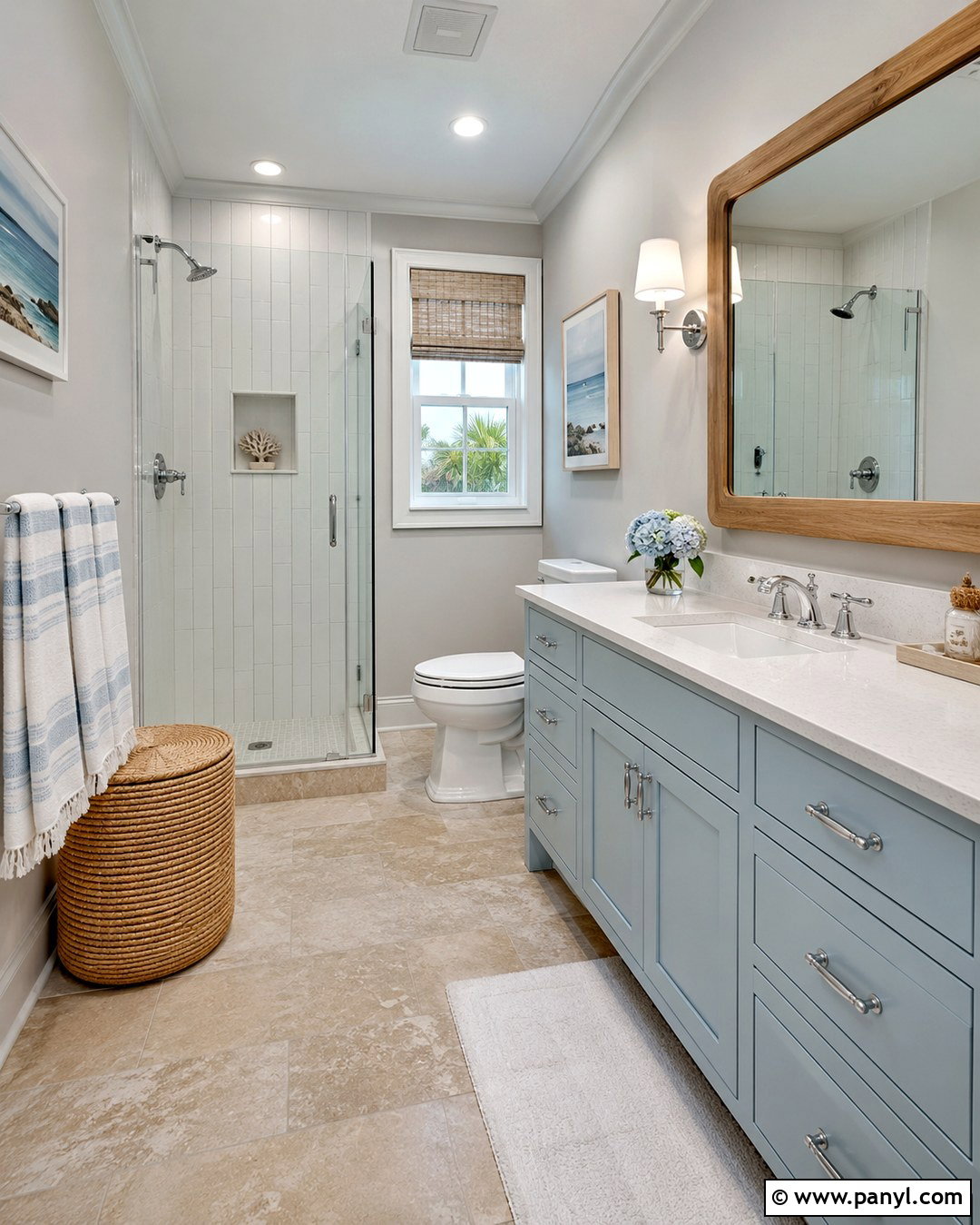 Light Gray Walls With Coastal Blue Decor - 20 Light Gray Walls Bathroom Ideas