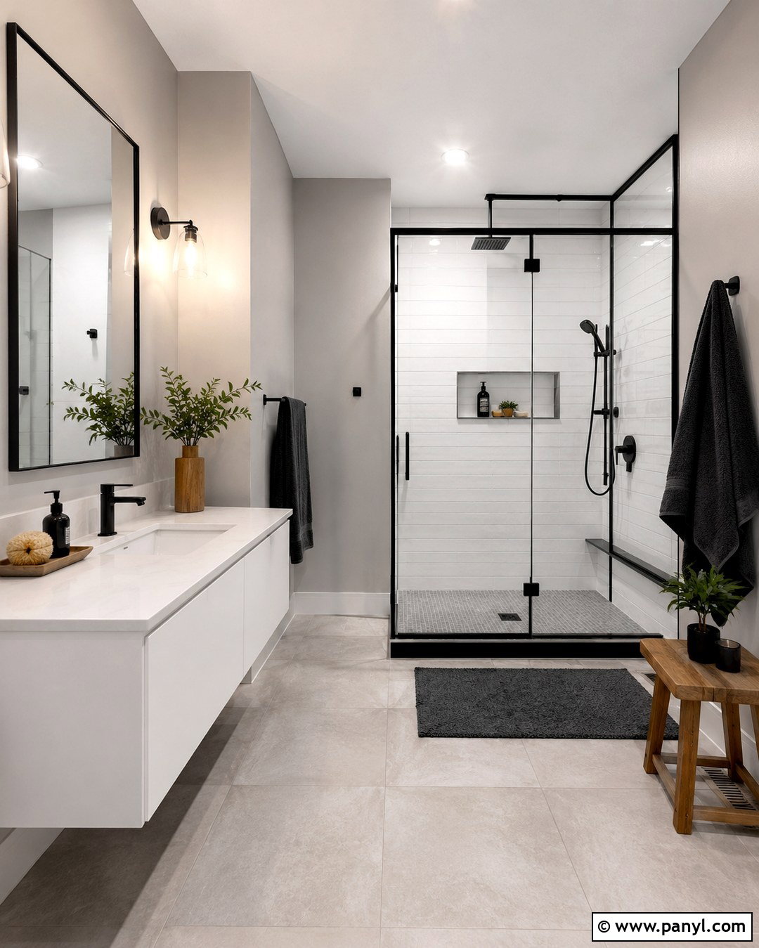 Light Gray Walls With Matte Black Fixtures - 20 Light Gray Walls Bathroom Ideas