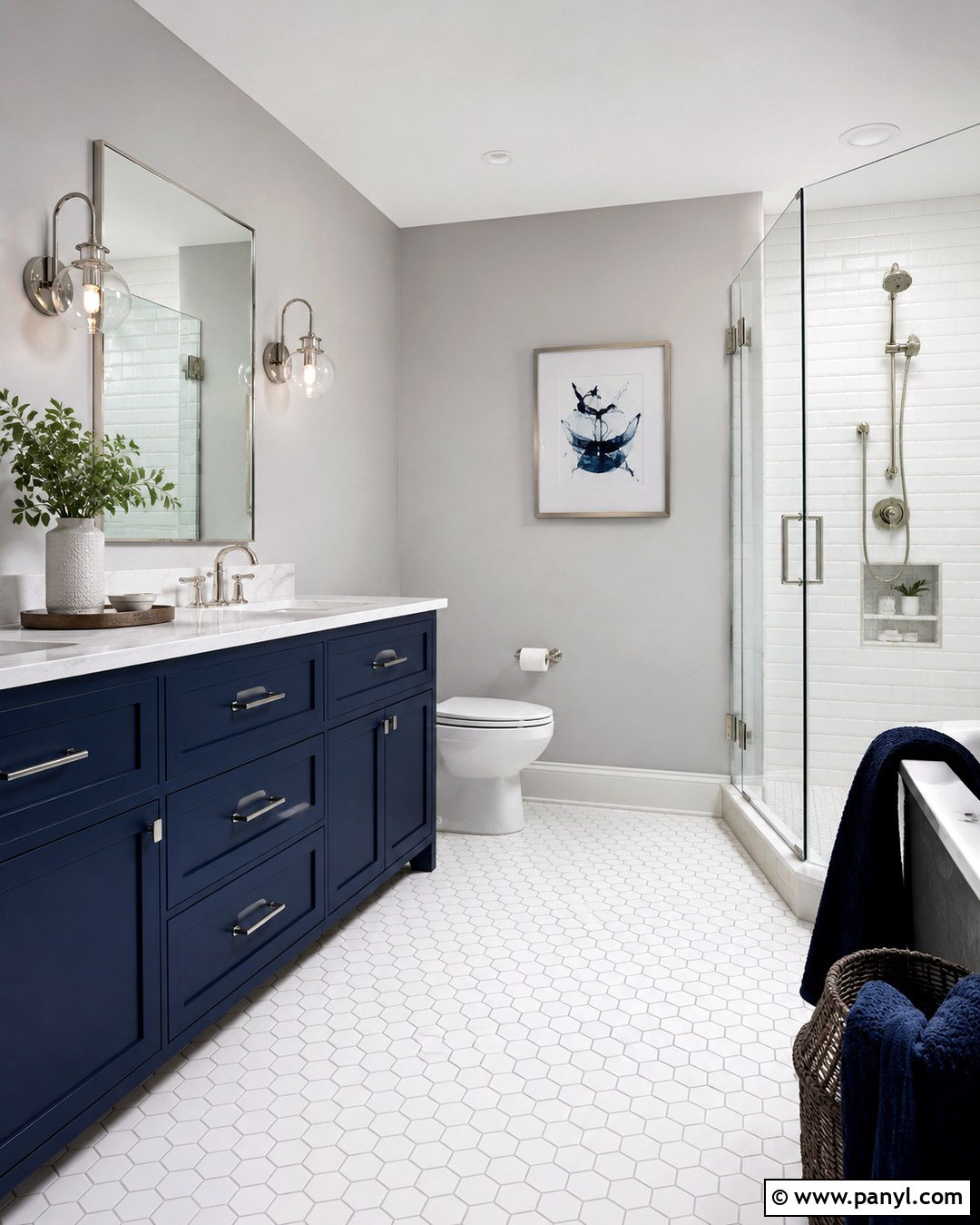 Light Gray Walls With Navy Vanity - 20 Light Gray Walls Bathroom Ideas