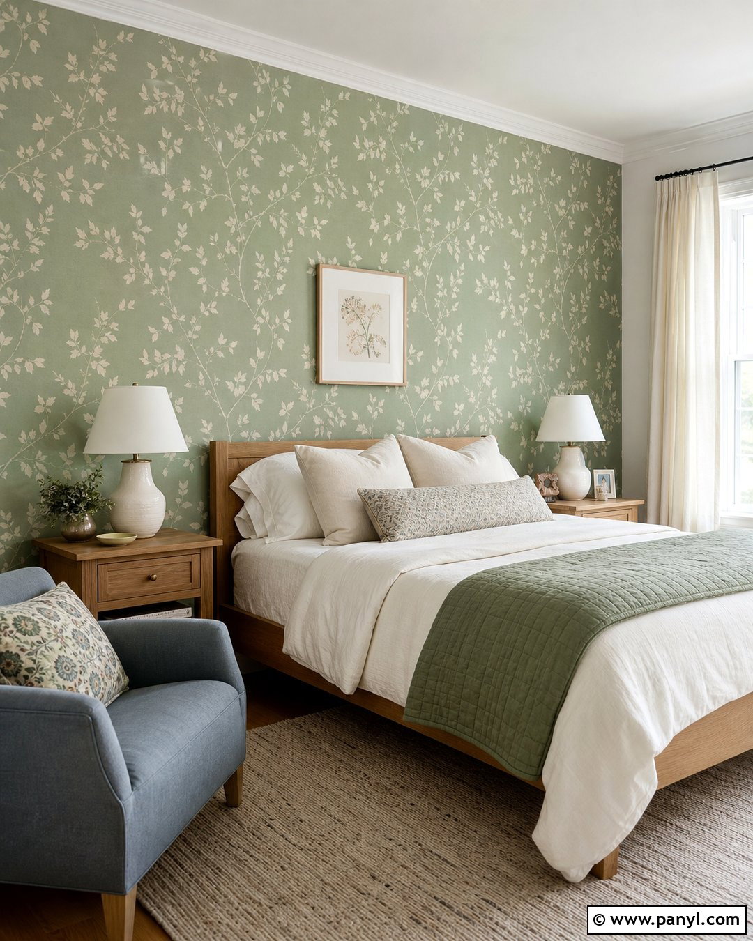 Light Green Accent Wall With Botanical Wallpaper - 30 Light Green Accent Wall Ideas