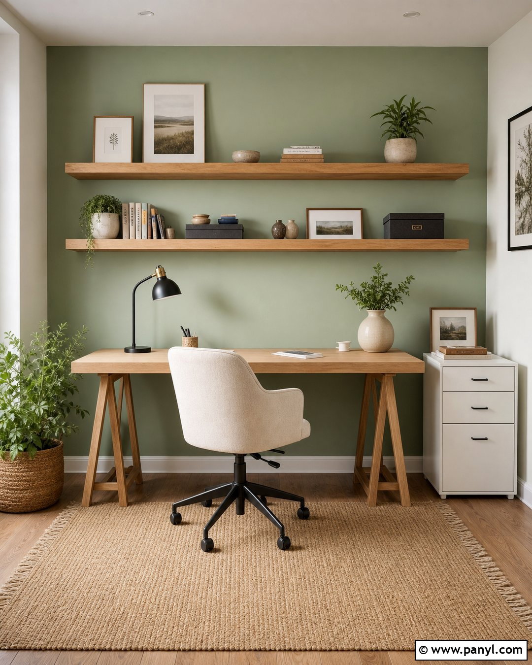 Light Green Accent Wall With Floating Shelves - 30 Light Green Accent Wall Ideas