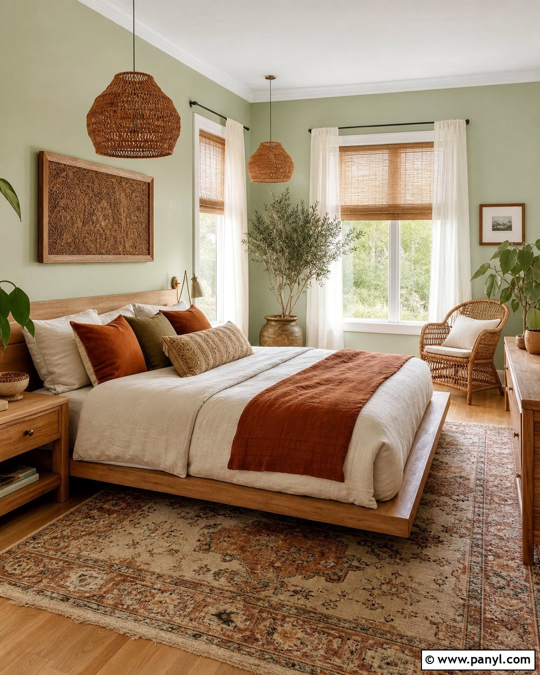 Light Green Boho Bedroom With White Trim - 20 Light Green Walls With White Trim Ideas