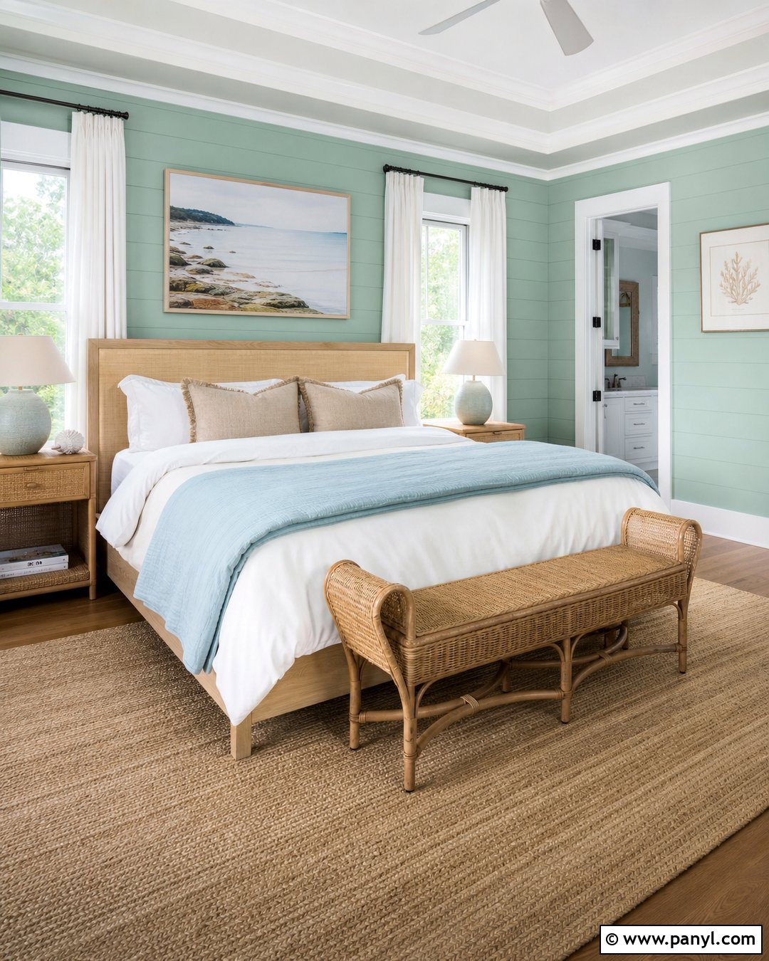 Light Green Coastal Bedroom With White Trim - 20 Light Green Walls With White Trim Ideas