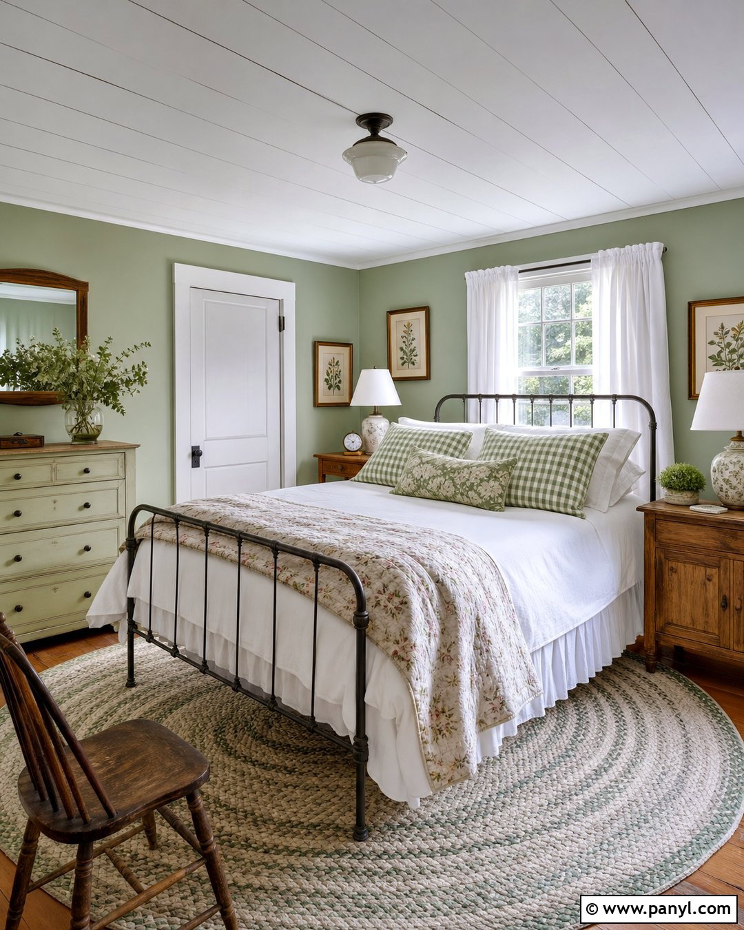Light Green Cottage Bedroom With White Trim - 20 Light Green Walls With White Trim Ideas