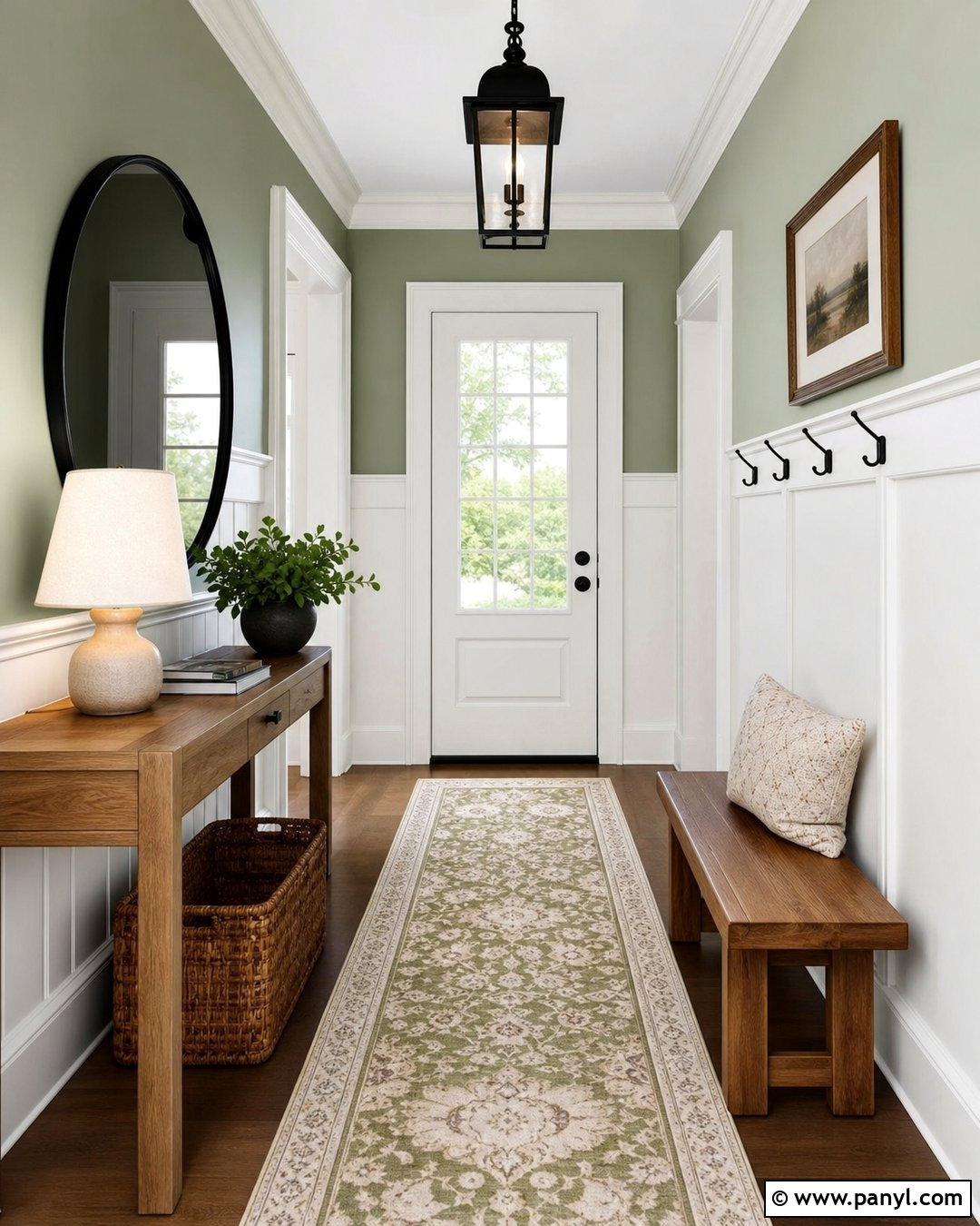 Light Green Entryway With White Wainscoting - 20 Light Green Walls With White Trim Ideas