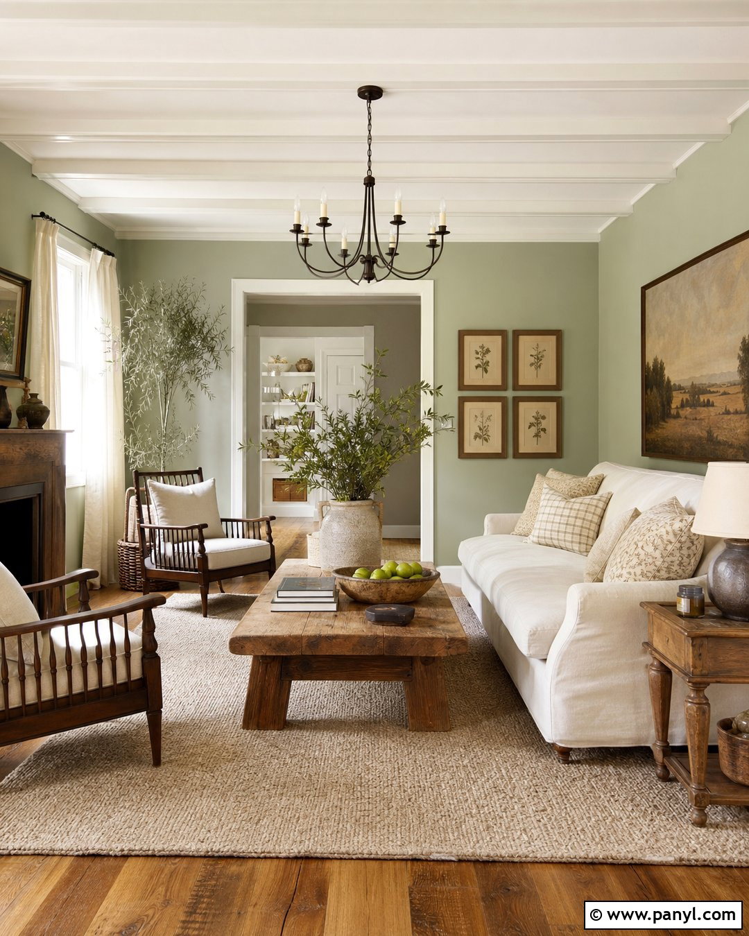 Light Green Farmhouse Living Room With White Trim - 20 Light Green Walls With White Trim Ideas