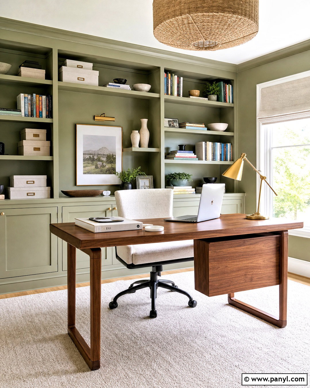 Light Green Home Office With Built-In Shelves - 20 light green interior ideas